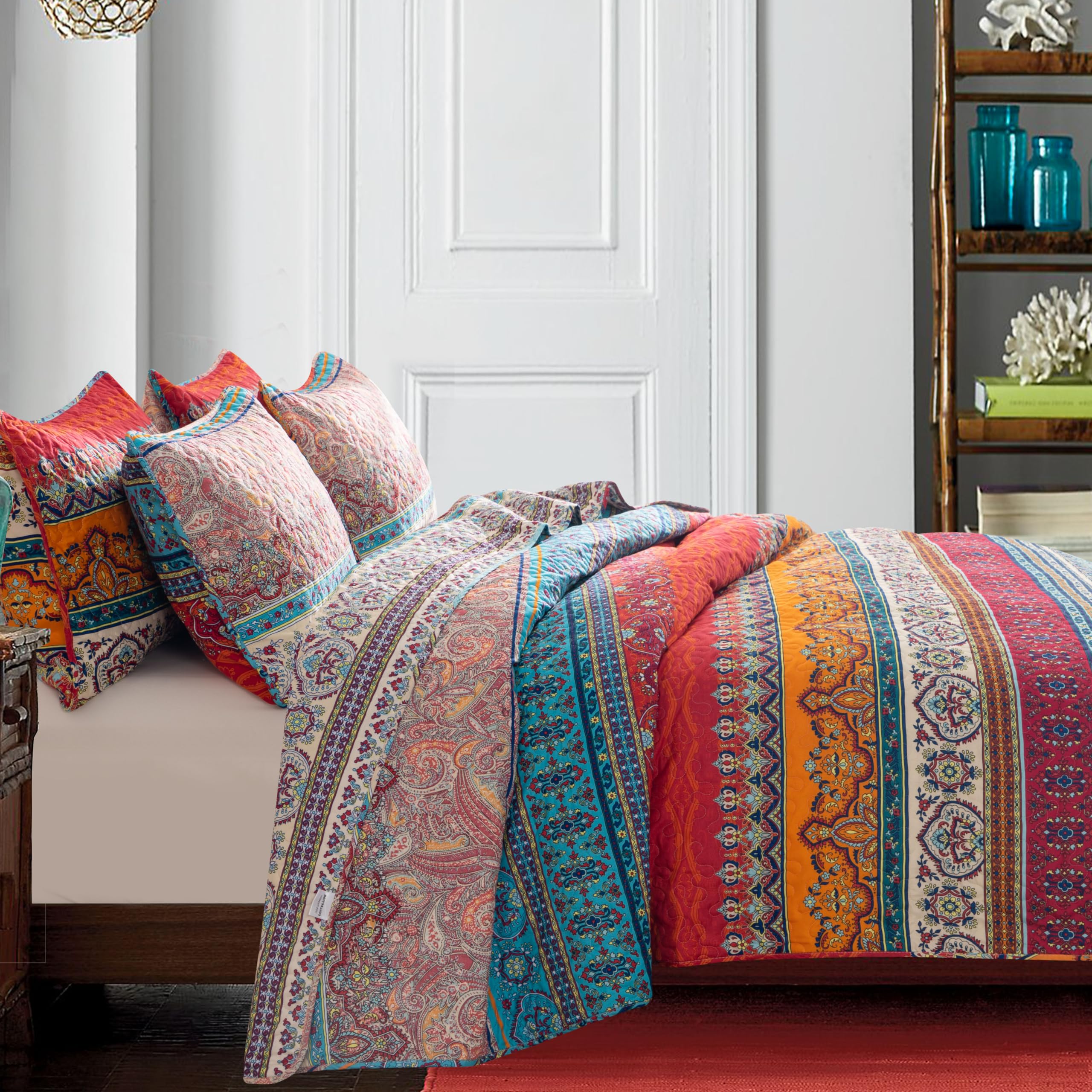 Set di biancheria da letto bohémien, per letto matrimoniale, 3 pezzi, in morbida microfibra, leggero, colorato, con copriletto a righe, esotico, giallo, arancione, bohémien, set di biancheria