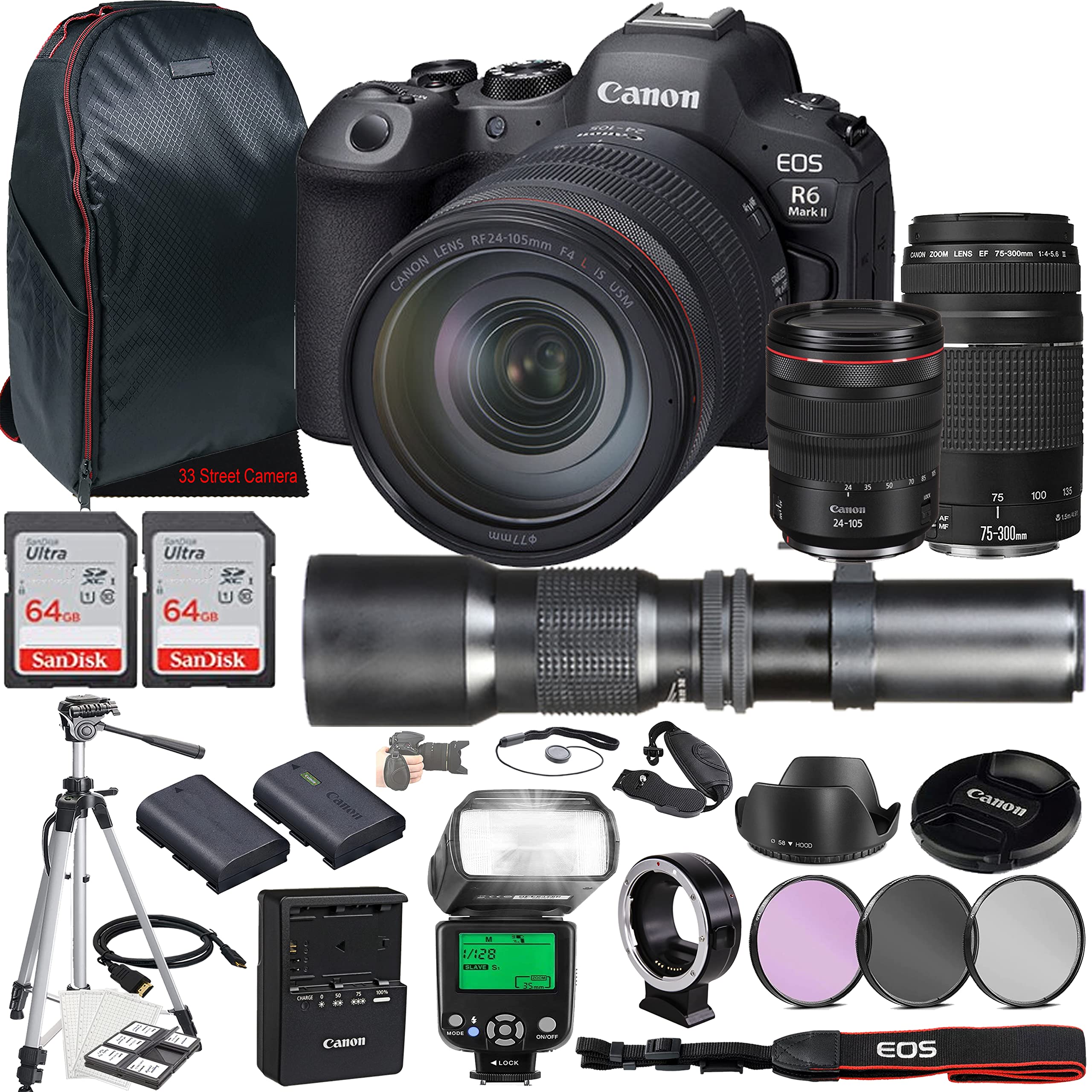 Canon EOS R6 Mark II Mirrorless Camera w/RF 24-105mm f/4 L is USM Lens + EF 75-300mm f/4-5.6 III Lens + 500mm f/8 Focus Lens + 2X 64GB Memory + Case + Filters + TTL Flash + More (30pc Bundle)
