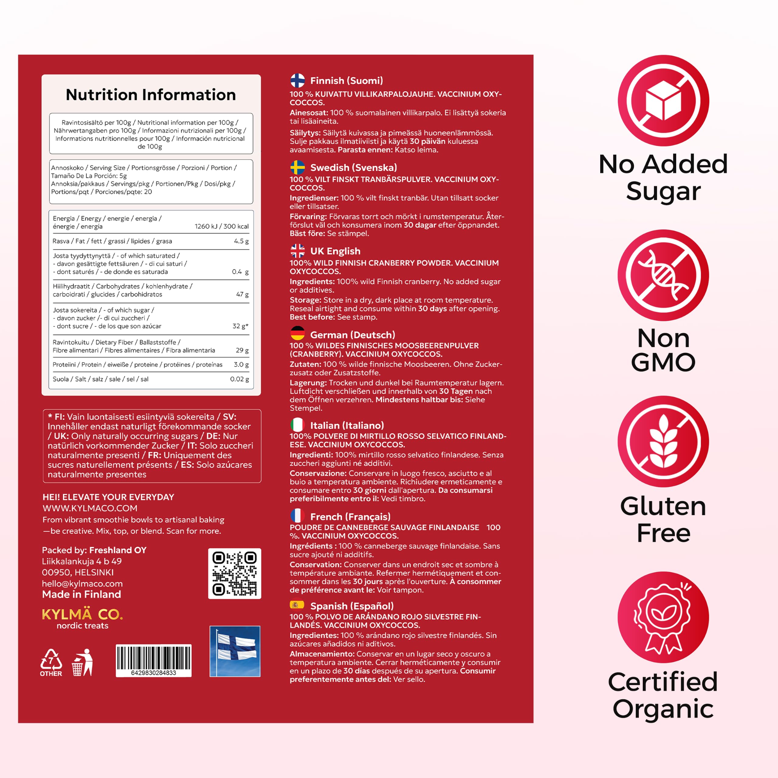 Kylmä Co. Proszek Z Dzikiej Borówki Brusznicy 3 x 100 G Zestaw Oszczędny | 100% Dzika Brusznica (Vaccinium vitis-idaea) Z Finlandii | Suszony Powietrzem | 1 Składnik | Wegański | Bezglutenowy