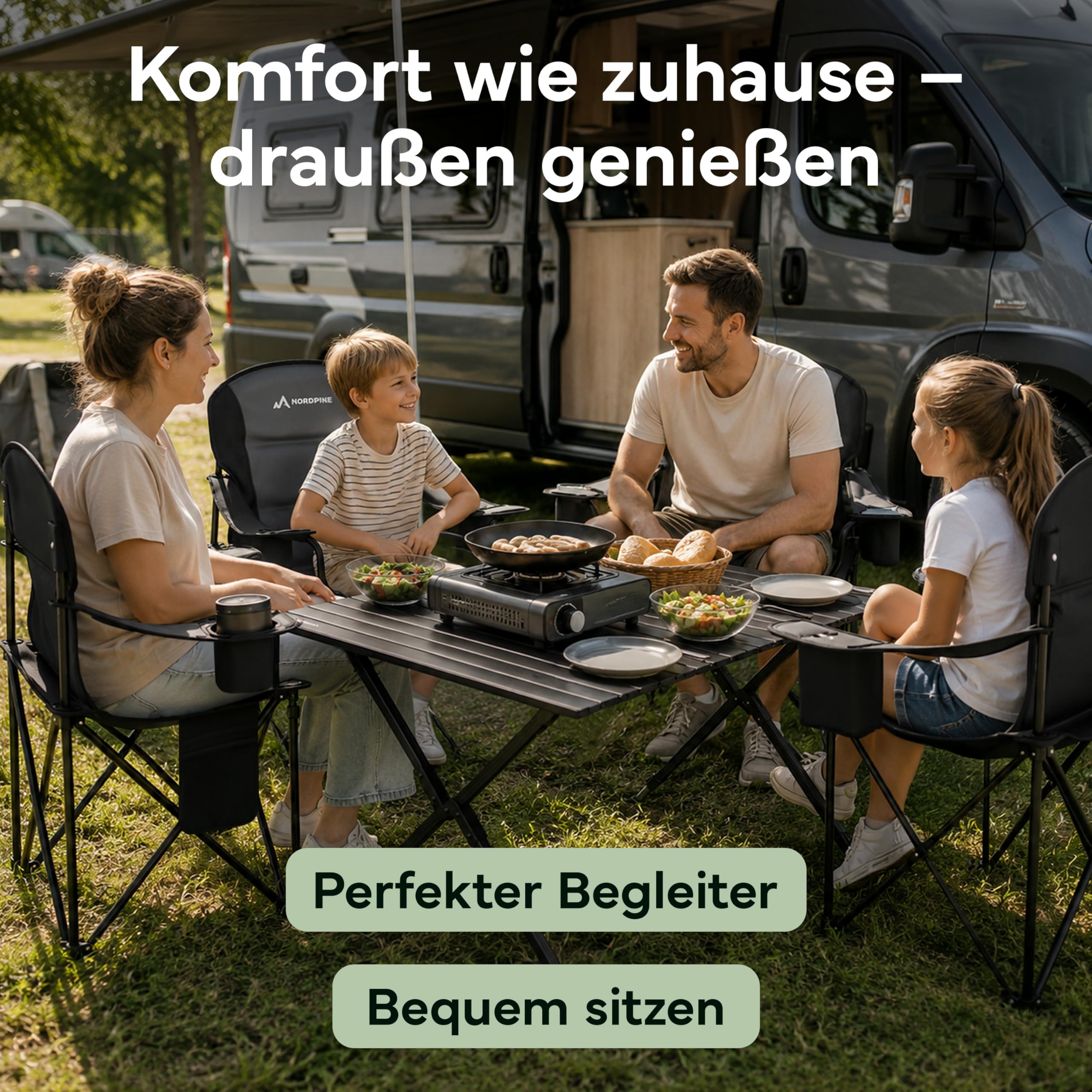 Campingstuhl faltbar bis 250 kg – Stabiler Klappstuhl Camping mit Kühltasche & Getränkehalter – Premium Polsterung & XXL Sitz – Robust & Bequem – Angelstuhl Gartenstuhl inkl. Tragetasche