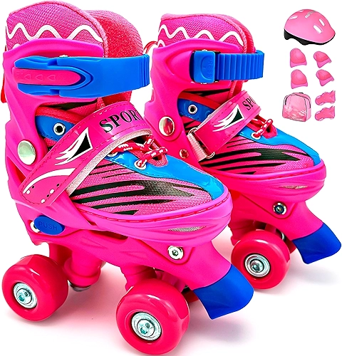 HOLTTER Patins Infantil Roller Quad 4 Rodas Ajustável Com Bolsa e Kit Proteção Patins 4 Rodas Infantil Menina ou Menino Quad