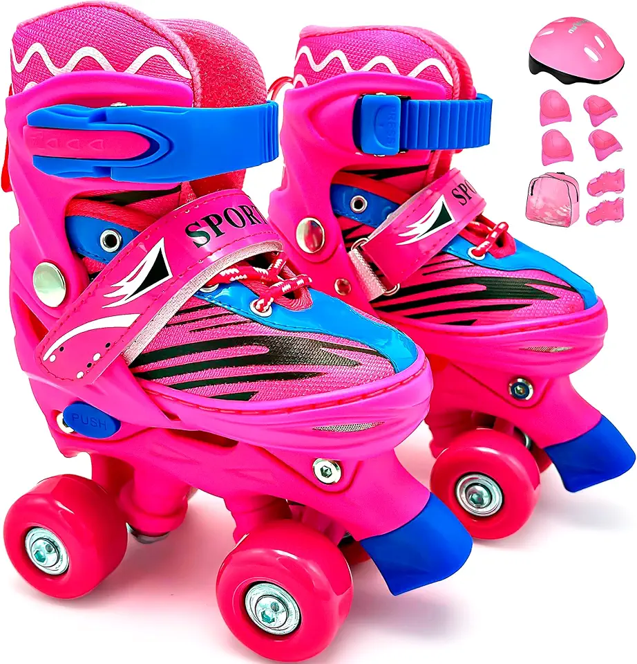 HOLTTER Patins Infantil Roller Quad 4 Rodas Ajustável Com Bolsa e Kit Proteção Patins 4 Rodas Infantil Menina ou Menino Quad