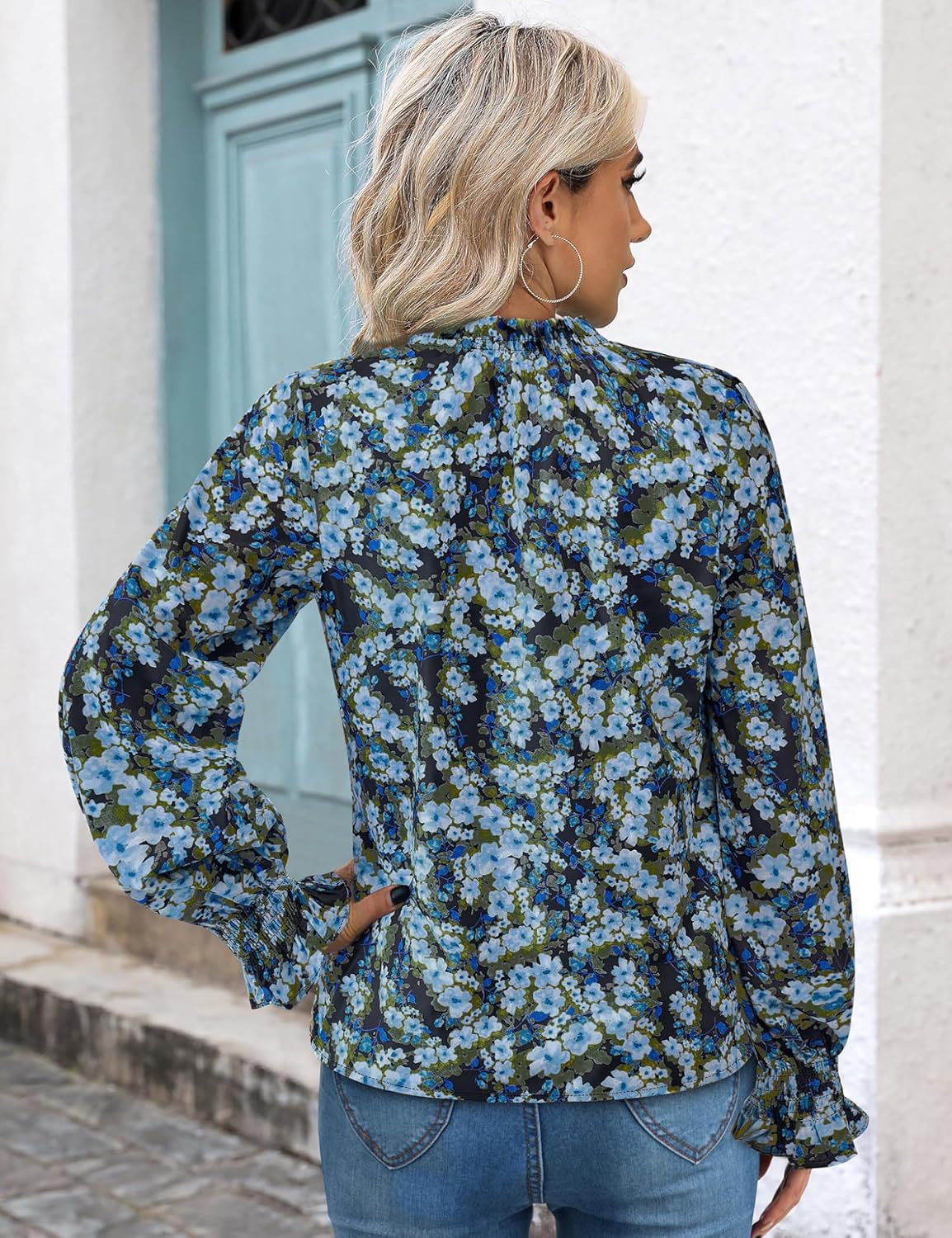 MASCOMODA Womens V Neck Floral Long Sleeve Tops 2026 Summer Casual Loose Puff Sleeve Chiffon Boho Work Blouse Dressy T Shirts - Image 5