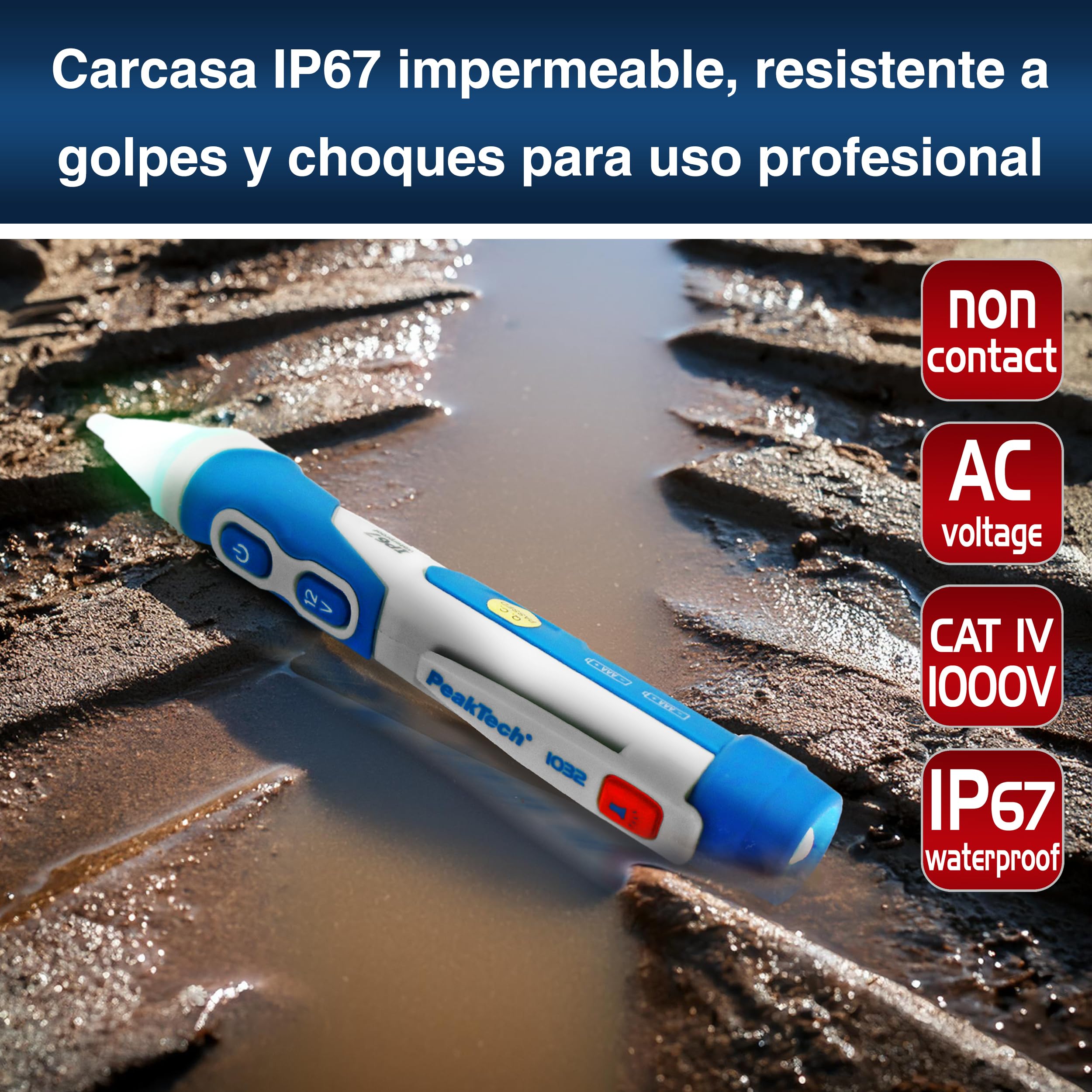 PeakTech, 1032 Comprobador de tensión CA sin contacto [+LED lámpara de señalización y vibración] 12-1000 V CA rango de funcionamiento, detector de línea, localizador de línea, comprobador de fase