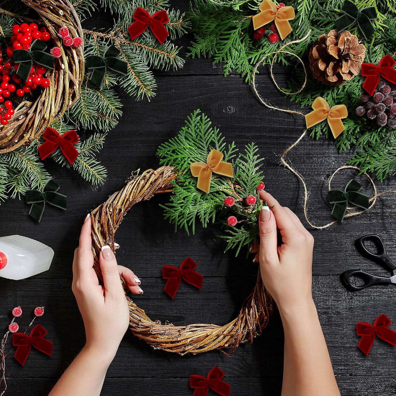 Waydress 120 Pcs Tiny Mini Christmas Velvet Bows for Crafts Xmas Twist Tie Bows Ribbon Bowknot Christmas DIY Craft Sewing Scrapbooking Gift Wrapping(Burgundy Red, Gold, Moss Green,1 Inch) - Image 5