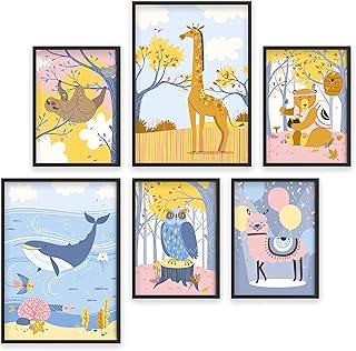 Poster Set Cameretta Animali 6 Pezzi in A4 & A3. Stampa Artistica per Bambini e Bambine