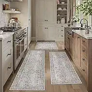 HUGEAR Grey Kitchen Rug Sets 3 Piece 20x32/20x48/20x59 Inch Vintage Distressed Entryway Washable Kitchen Mats Floor Carpet Non Slip Runner Rugs for Hallway Laundry Sink Bathroom