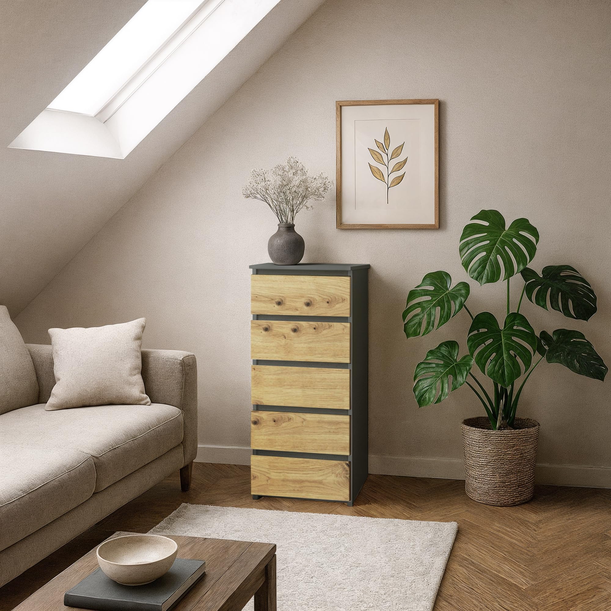 AKORD | Cassettiera a 5 Cassetti | Credenza Alta | Moderna Mobiletto per Soggiorno Sala da Pranzo Camera da Letto Corridoio Bagno | Armadio Cameretta | 35x40x92 cm | Grigio grafite |Rovere artigianale