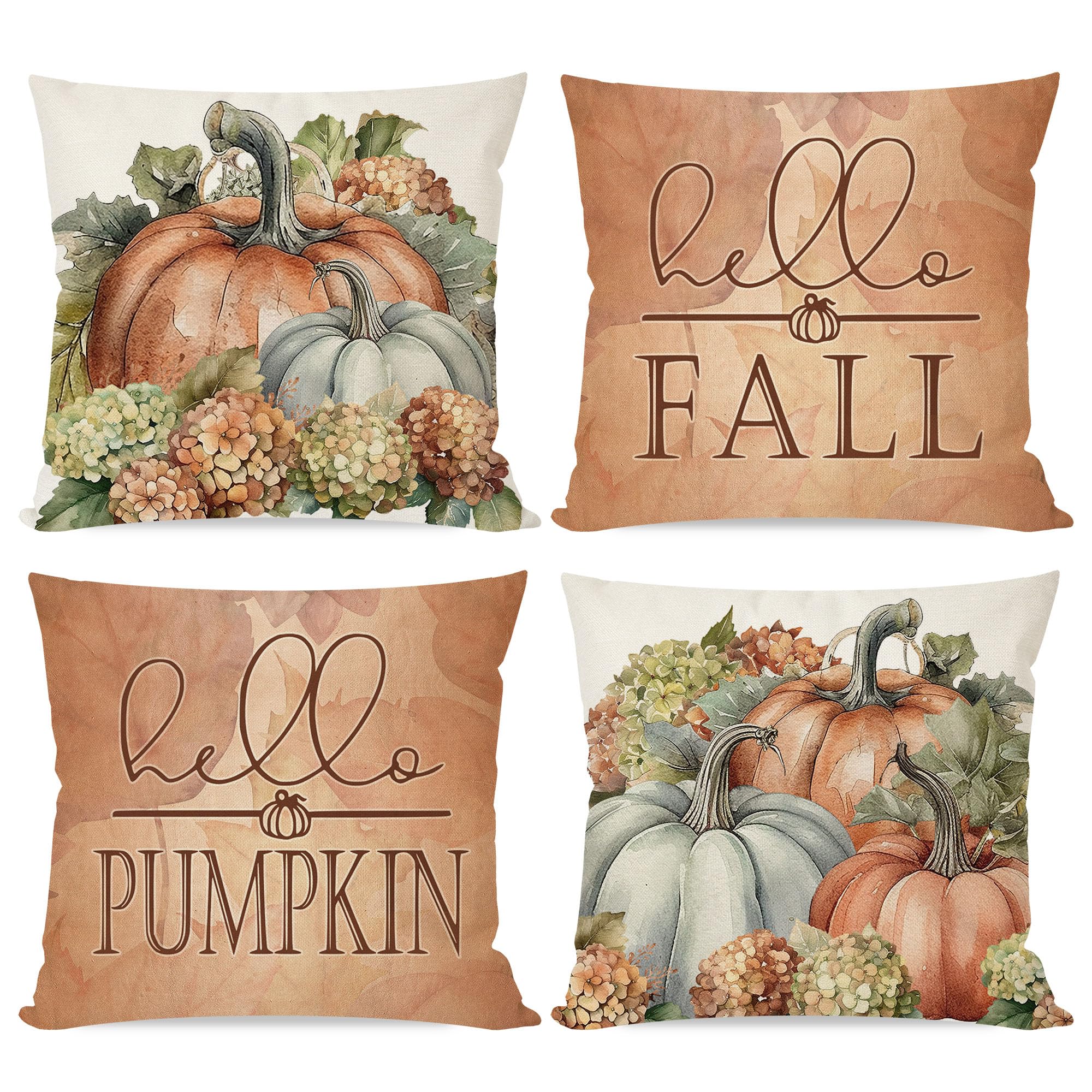 PANDICORN Hello Pumpkin Vintage Fall Throw Pillow Covers 18x18 Inch Hydrangea Floral Rustic Outdoor Country Farmhouse Autumn Decorations Decorative
