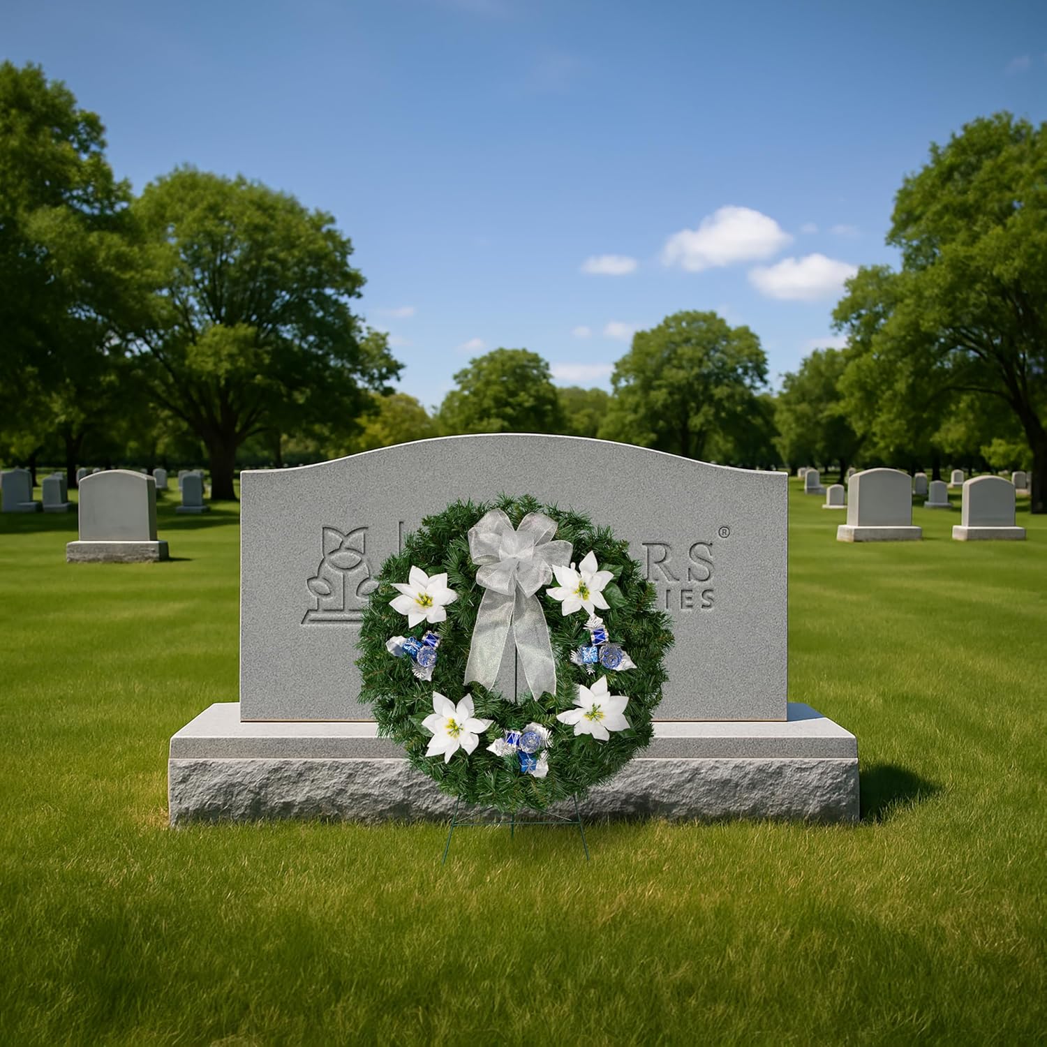 Sympathy Silks - Flowers for Cemeteries - Artificial Christmas Wreath - Blue Decorations with White Poinsettia and Silver Bow (1) Wreath (1) Easel