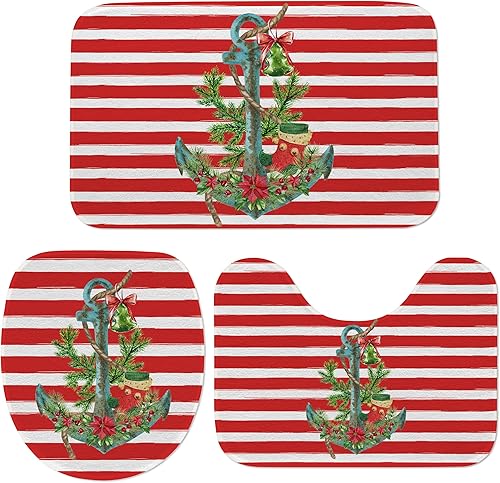 Miniatura 6 de Juego de 3 tapetes de baño con diseño de copos de nieve, diseño de árbol de Navidad con diseño de árbol de Navidad rojo para baño, cubierta lavable