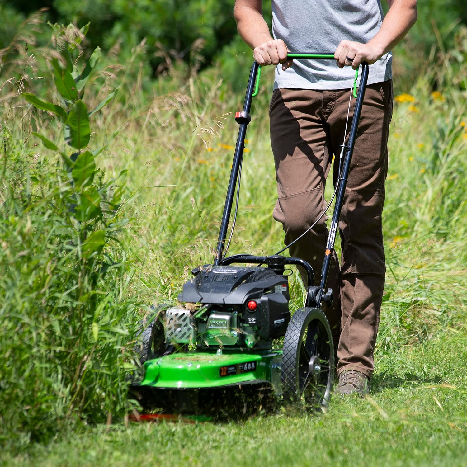 TAZZ 40095 Walk-Behind String Mower/Trimmer, 160cc 4-Cycle Gas Engine, Large 14" Wheels, One-Piece Steel Deck, 22” Cutting Swath, Never Kill Engine, Fold Down Handlebars