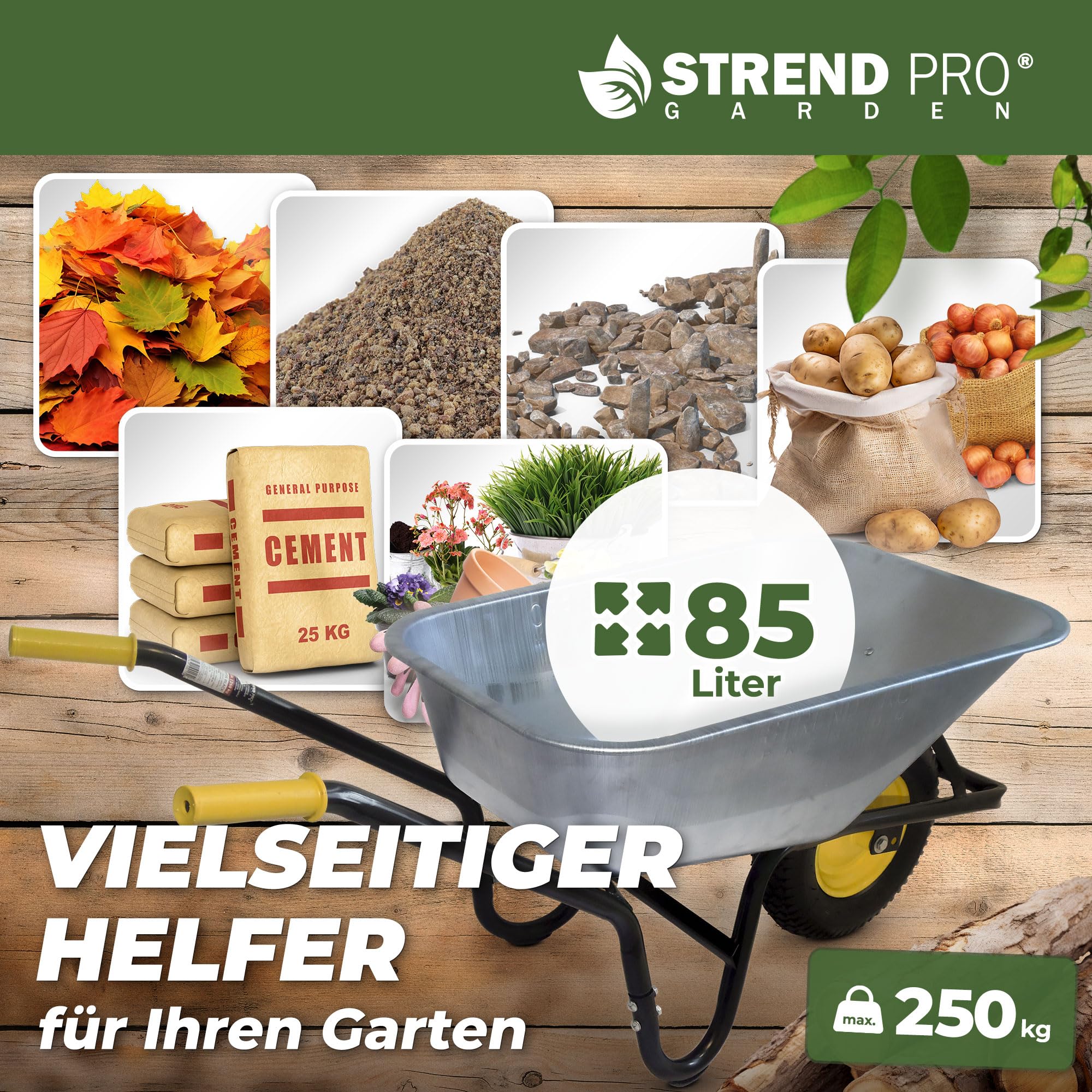 Schubkarre mit Lufträder 85L 250KG | Bauschubkarre | LEICHT und PRAKTISCH Schubkarre groß | Schiebkarre | Gartenschubkarre | Schiebetruhe