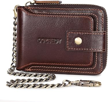 Chain Wallets For Men RFID Blocking Leather Mens Wallet With Zipper, Flap ID Window Zip Coin Pocket Bifold Card Wallets Big Capacity For Travel Coffee