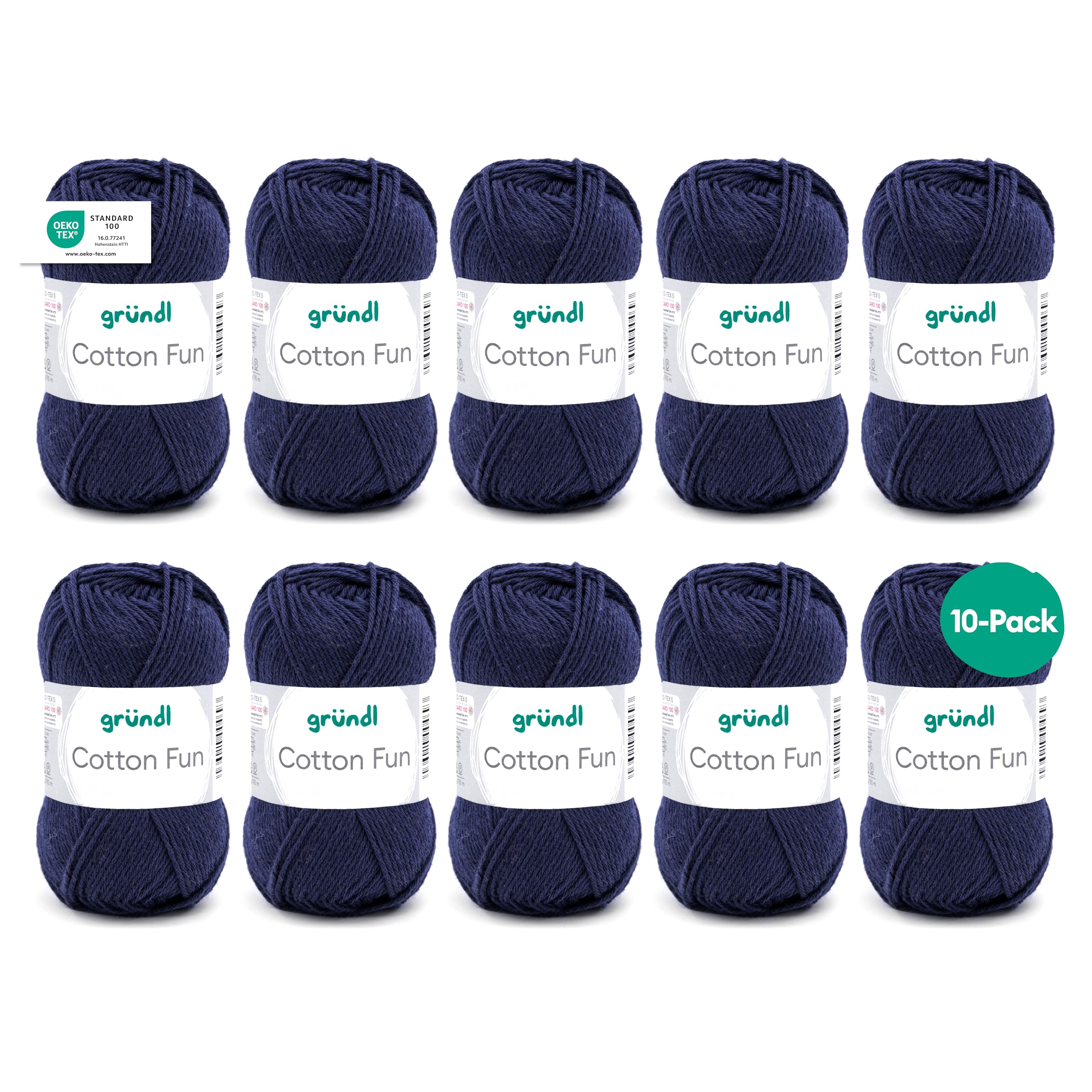 Gründl Wolle Cotton Fun - Wolle zum Häkeln - Strickgarn - Häkelgarn - Pflegeleicht und hautfreundlich - 100% Baumwolle - 10 Knäuel 50 g / 115 m - Nadelstärke 3-4 - Marine