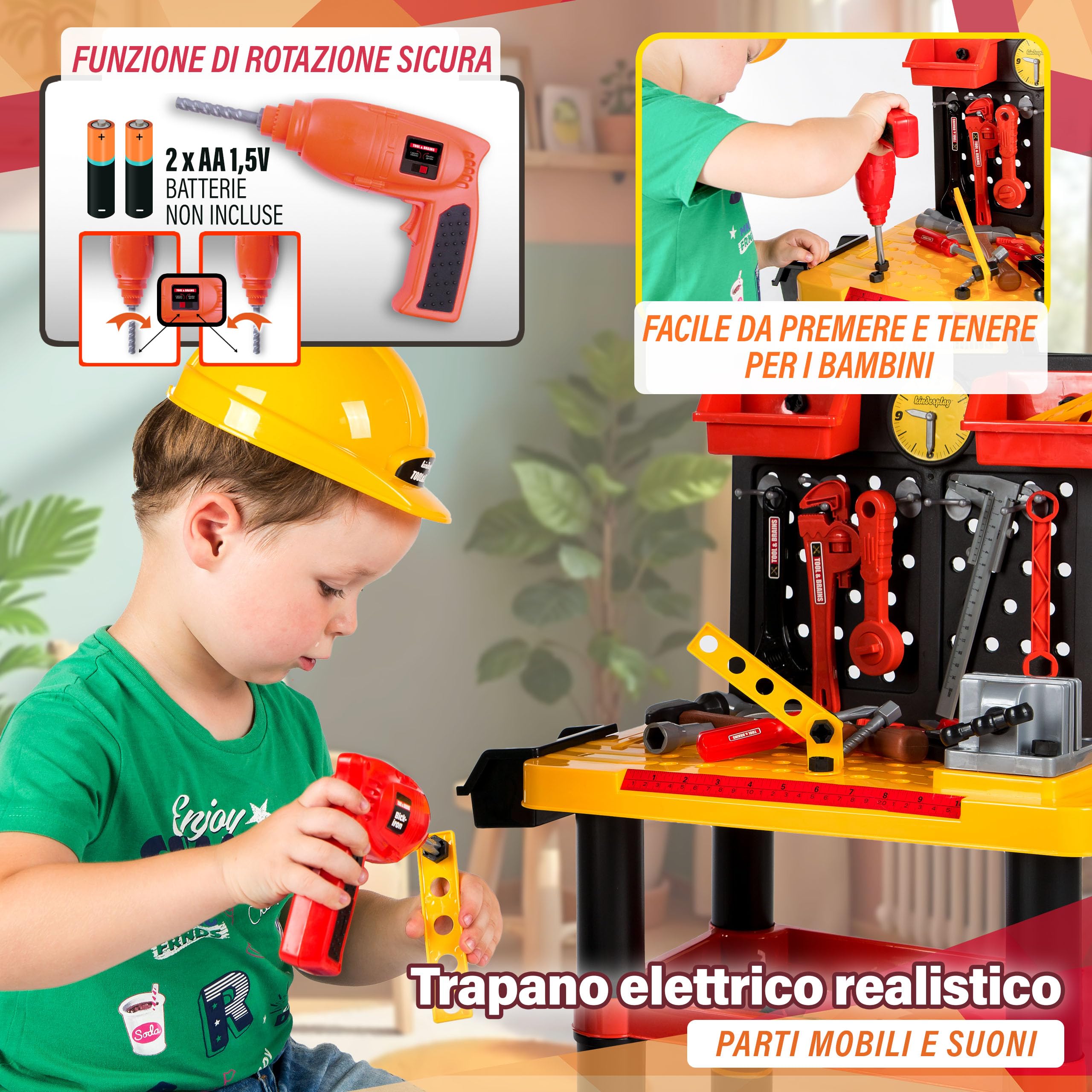 Kinderplay Banco da Lavoro Bambini – Officina Giocattolo con Trapano Elettrico e 50 Accessori – 3+ Anni – Casco Incluso – 58x33x68 cm
