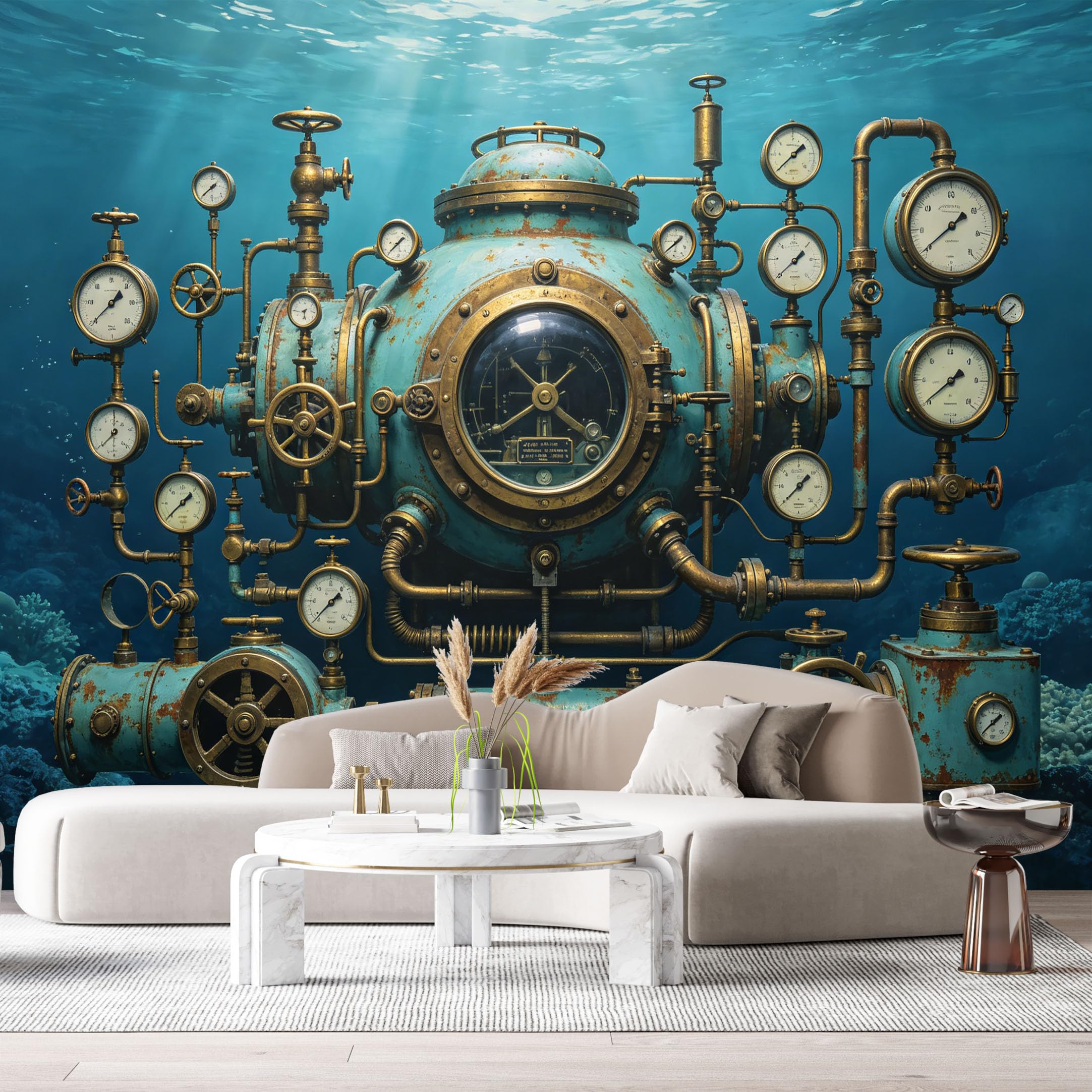 Custom Size Wall Mural Steampunk Submarine Machinery Underwater Industrial Robot Retro Science Fiction Mechanical Armor SelfAdhesive Art Prints Removable Wallpaper Esports Game Room Studio