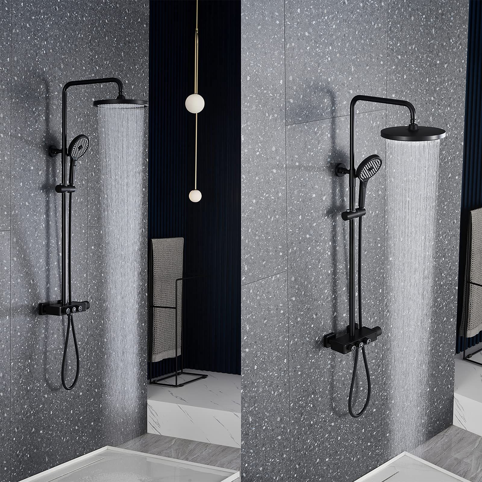Set Combinato Doccia a Pulsante, Rubinetto Doccia a Parete per Bagno con soffione, doccetta Multifunzionale, Bocca di erogazione per Vasca, Cromato, Nero, Nero,Black