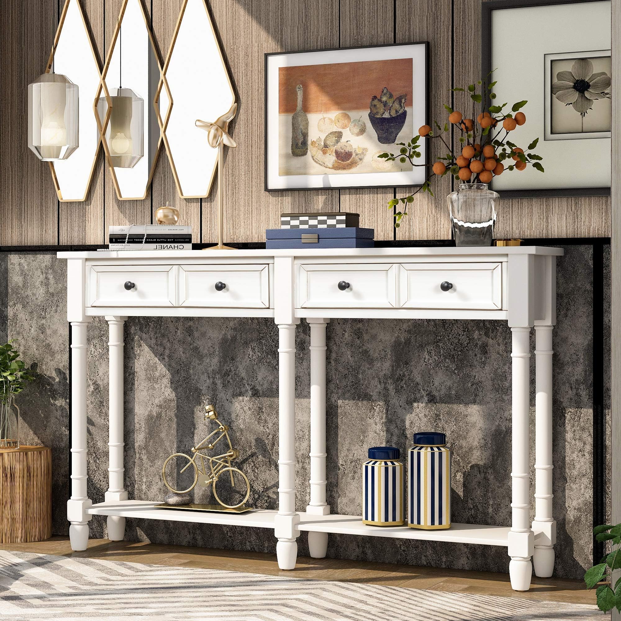 Merax Rustic Console Table with Open Shelf and 2 Drawers, Ivory White
