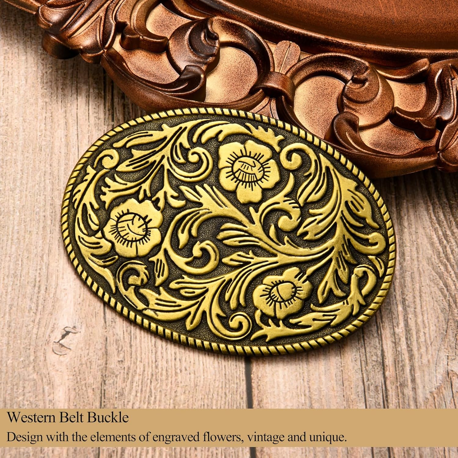 Antique Engraved Flower Belt Buckle, Western Cowboy Belt Buckle, Oval Foral Belt Buckles for Men Women - Image 6