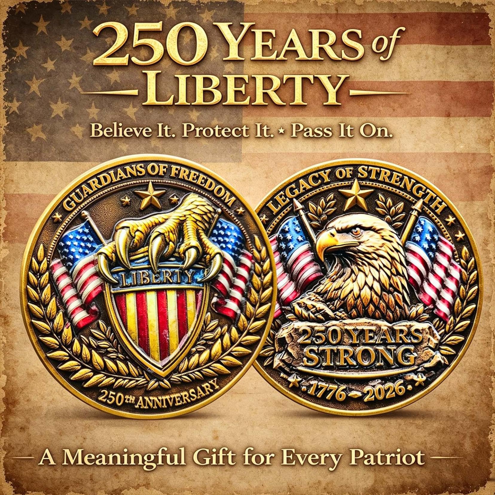 250th Anniversary USA Commemorative Coin Set including Wooden Gift Box, Patriotic Eagle & Liberty Bell Coins - Image 3