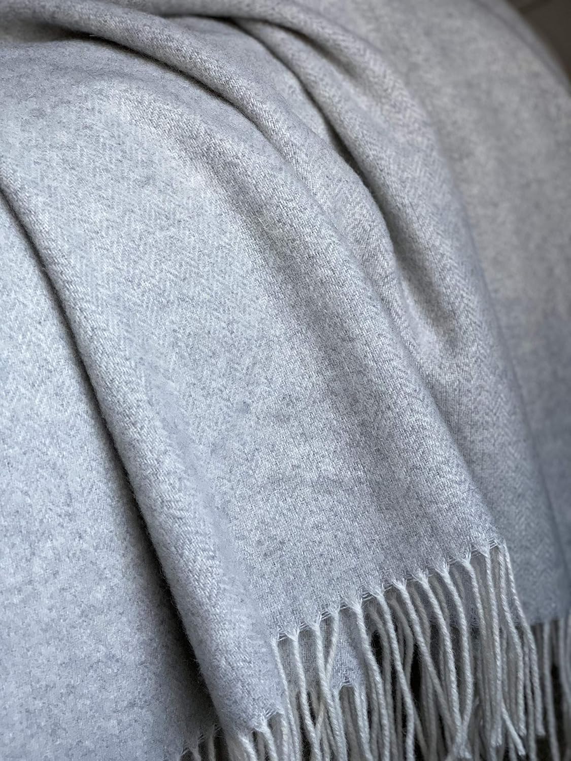 Best Deal Product Eikei Wool Throw Blanket Geo Herringbone Pattern Oversized Couch Throw Blanket Fringe Trim Soft Merino Woolen Afghan Minimalist Style Lightweight Machine Washable (Light Grey, 55Wx78L)