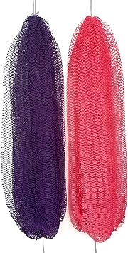 African Net Sponge Authentic, 2 Pieces African Exfoliating Net Sponge with Knots, Quick-Drying Body Scrub Net, Bath Washcloth Loofah for Women and Men Purple+Pink