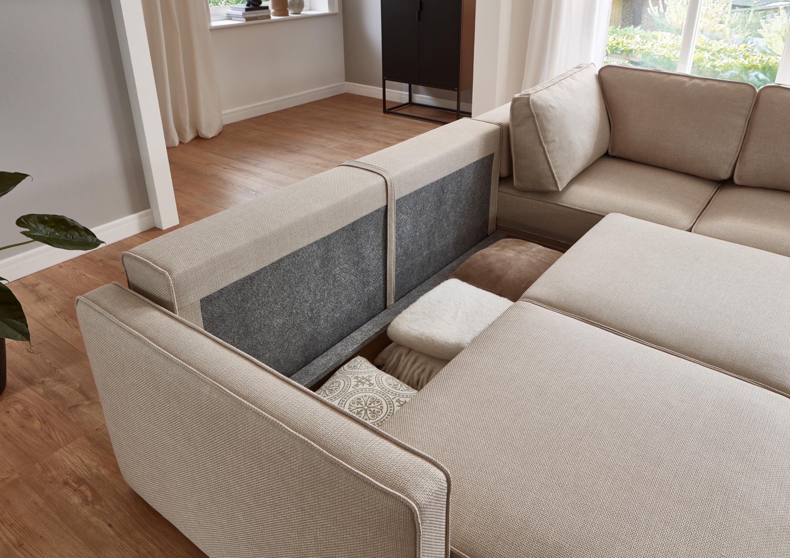 ATLANTIC home collection Eckgarnitur Chill, Schlaffunktion (ca. 135x230 cm), inkl. Bettkasten, frei im Raum stellbar, Wellenunterfederung, Ecke rechts, Creme, BxTxH: 250x200x86cm