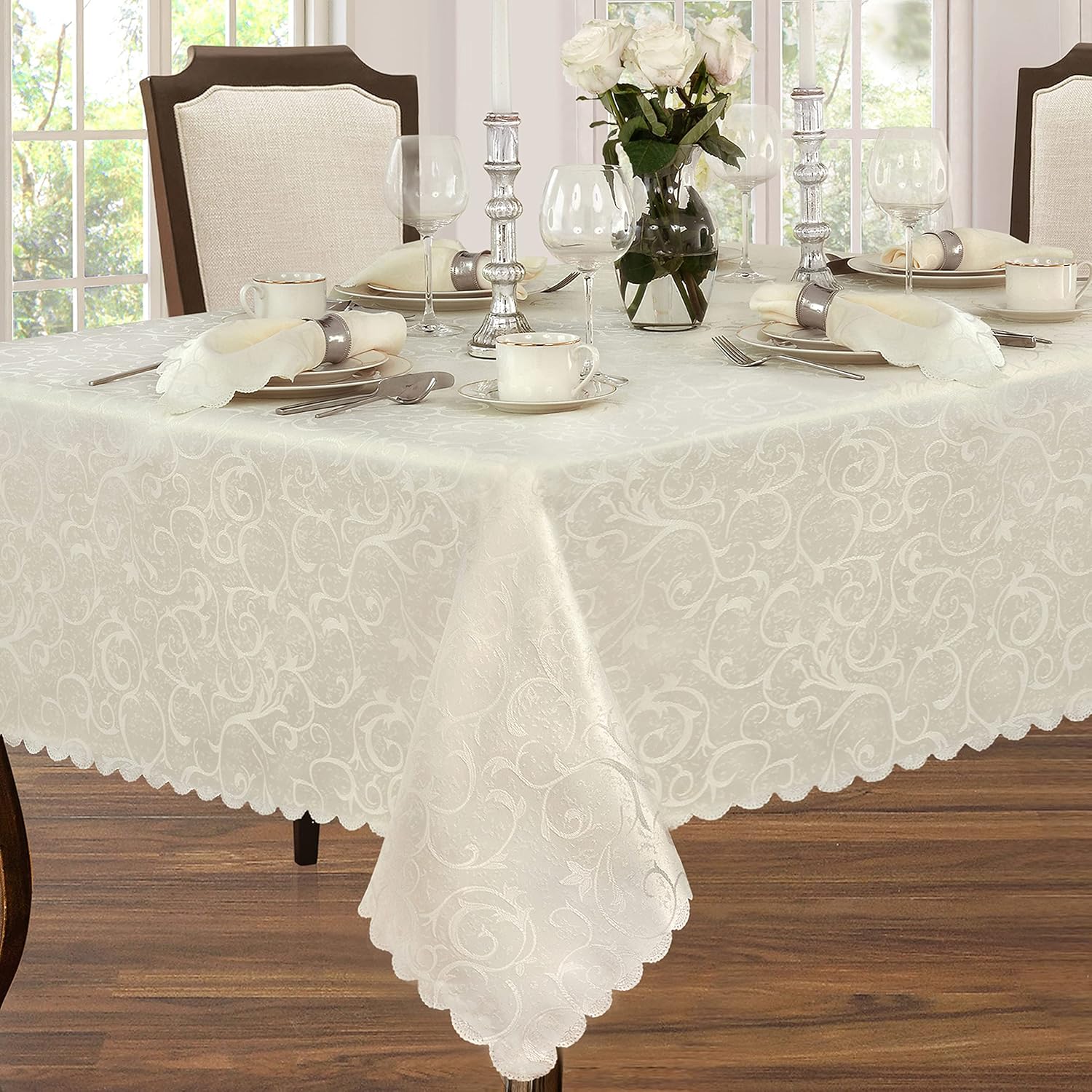 Newbridge Spring and Easter Portofino Scalloped Damask Fabric Tablecloth, 60 x 102 Inch Rectangle, Ivory, Wrinkle and Stain Resistant Fine Dining Holiday Party Table Cover