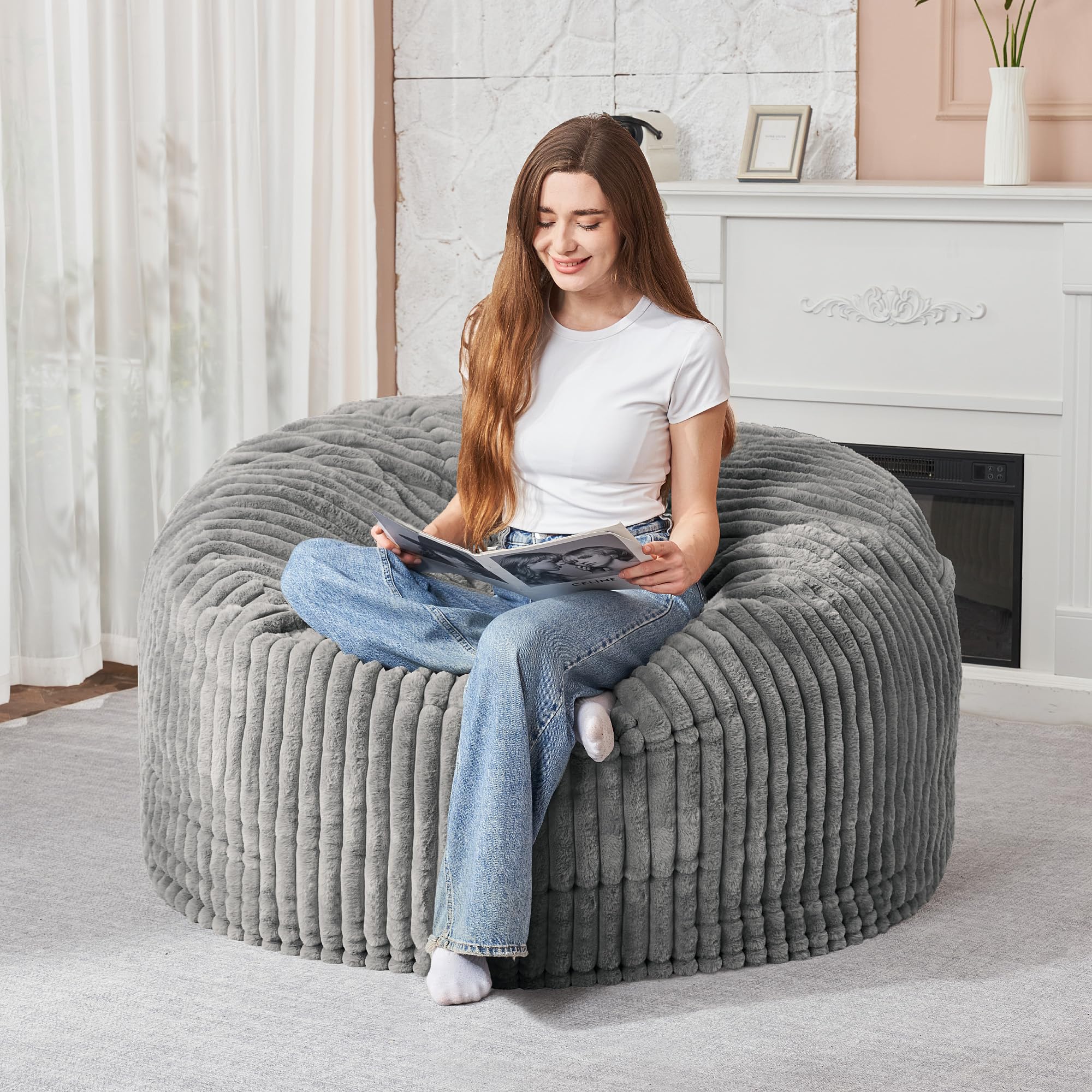 habutway 3ft bean bag chair, 3' large bean bag chairs for adults with removable stripe plush cover, memory foam beanbag chair for living room bedroom dorm (grey)