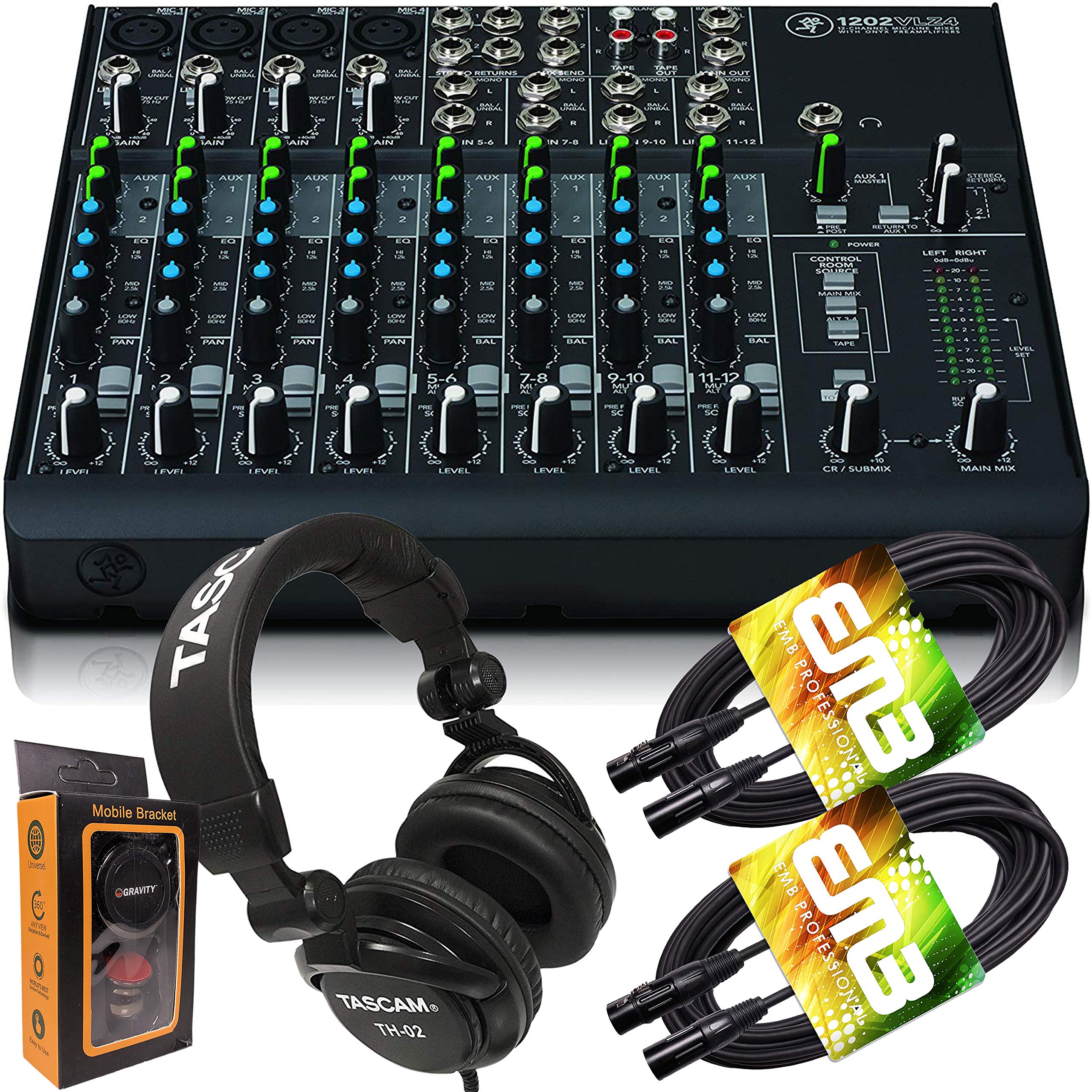 Mackie 1202VLZ4 12-channel Mixer 12-ch Analog Mixer with 4 Onyx Mic Preamps + Pro Headphone with Pair of EMB XLR Cable and Gravity Magnet Phone Holder Bundle