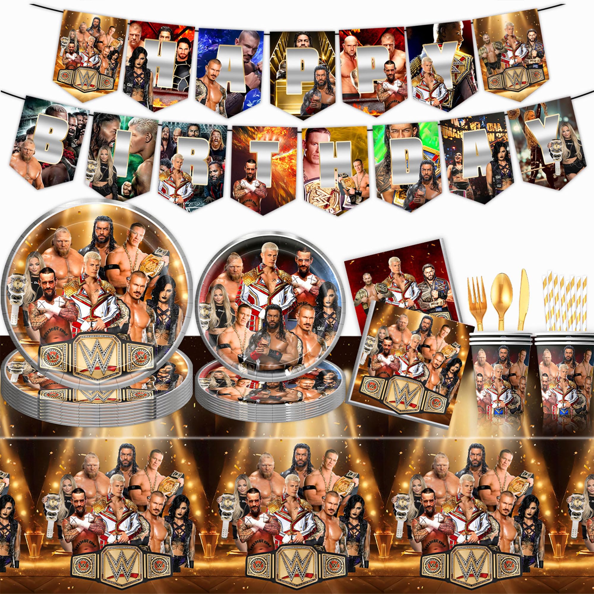 World Wrestling Birthday Party Tableware Set: Banner, Paper Plates, Cups, Napkins, Tablecloth