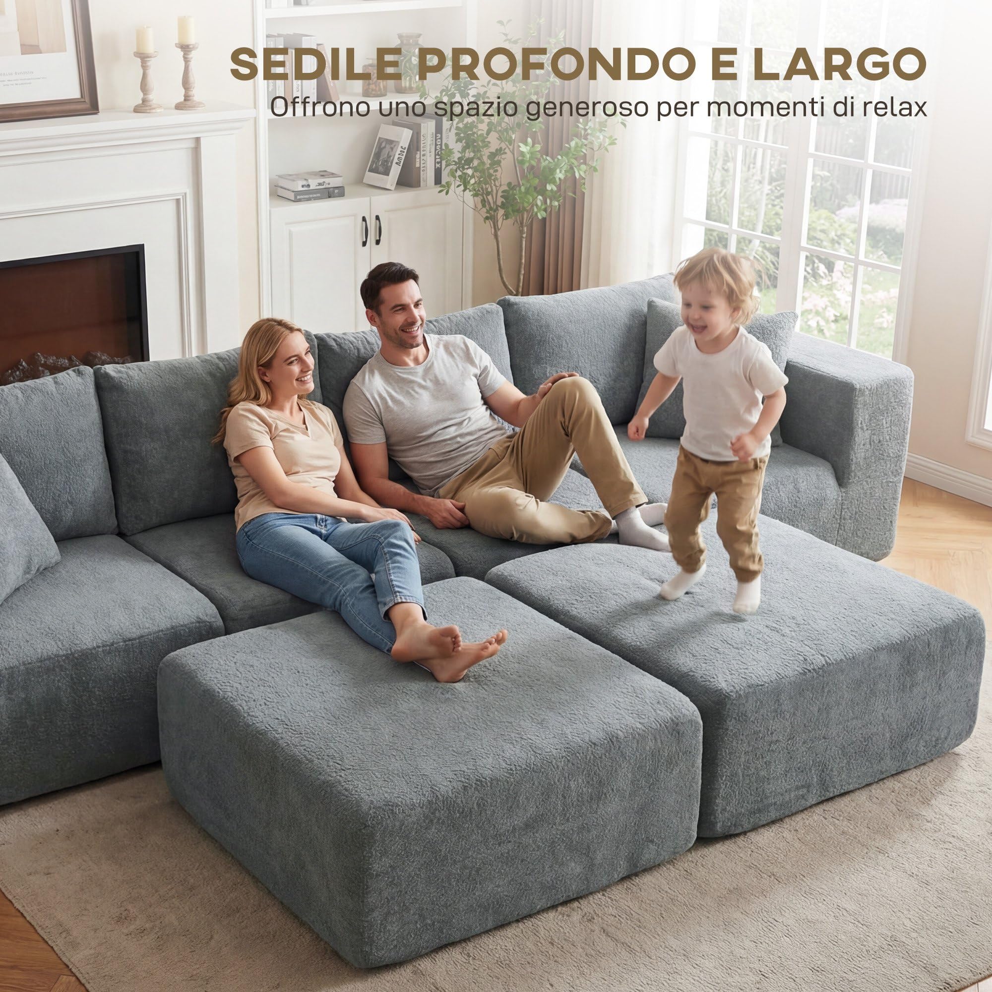 HOMCOM Divano Angolare Modulare 4 Posti Senza Struttura, Seduta Ampia Profonda, Divano Componibile a U con 2 Pouf, Braccioli Larghi e Cuscini, in Velluto per Soggiorno, 294x165x70 cm, Grigio Scuro