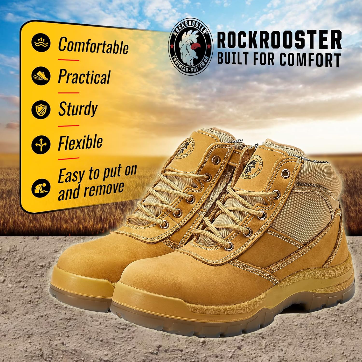 ROCKROOSTER Mens Work Boots, 6 inch Steel Toe Side Zipper Safety Wheat Black Slip Resistant Work Boot, TPU Outsole Breathable Leather Shoes, ASTM F2413-18 Static Dissipative SD (AK050 & AK050BK) - Image 8