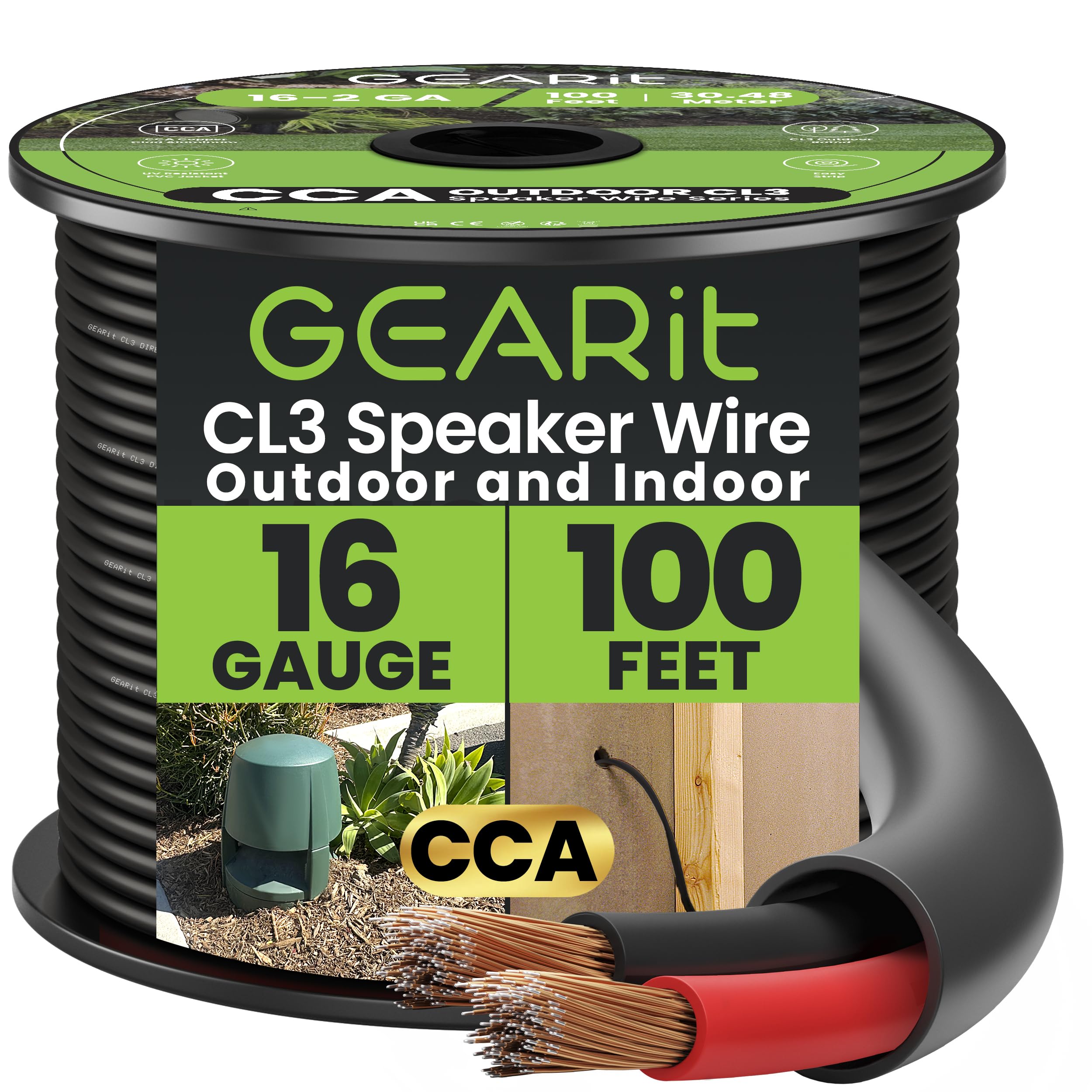 GearIT 16/2 Speaker Wire (100 Feet) 16 Gauge (Copper Clad Aluminum) - Outdoor Direct Burial in Ground/in Wall / CL3 CL2 Rated / 2 Conductors - CCA, Black 100ft