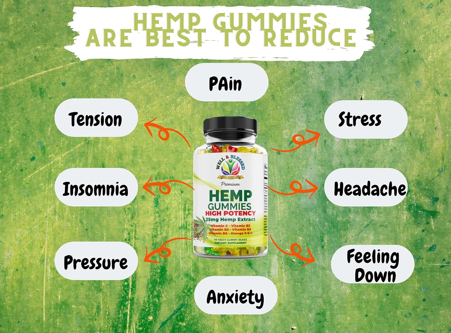 Hemp Gummies Calm Sleep Stress, Pain Relief Inflammation, Extra Strength Supplement by Well and Blessed Vitamin Chewable for Adults, Hemp Seed Oil Tasty Gummy Bears : Health & Household