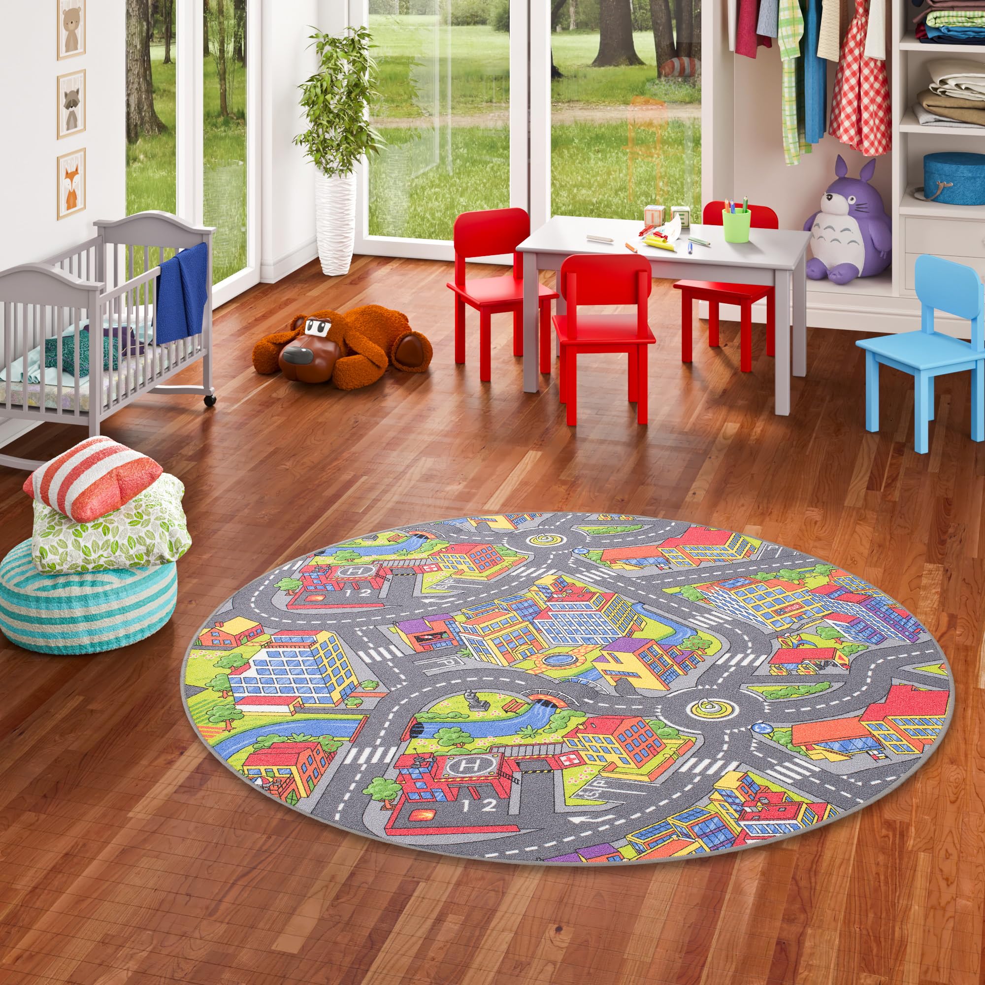 Snapstyle Tapis de Rue pour Enfants Little Town 3D Rond - Gris - 4 Tailles