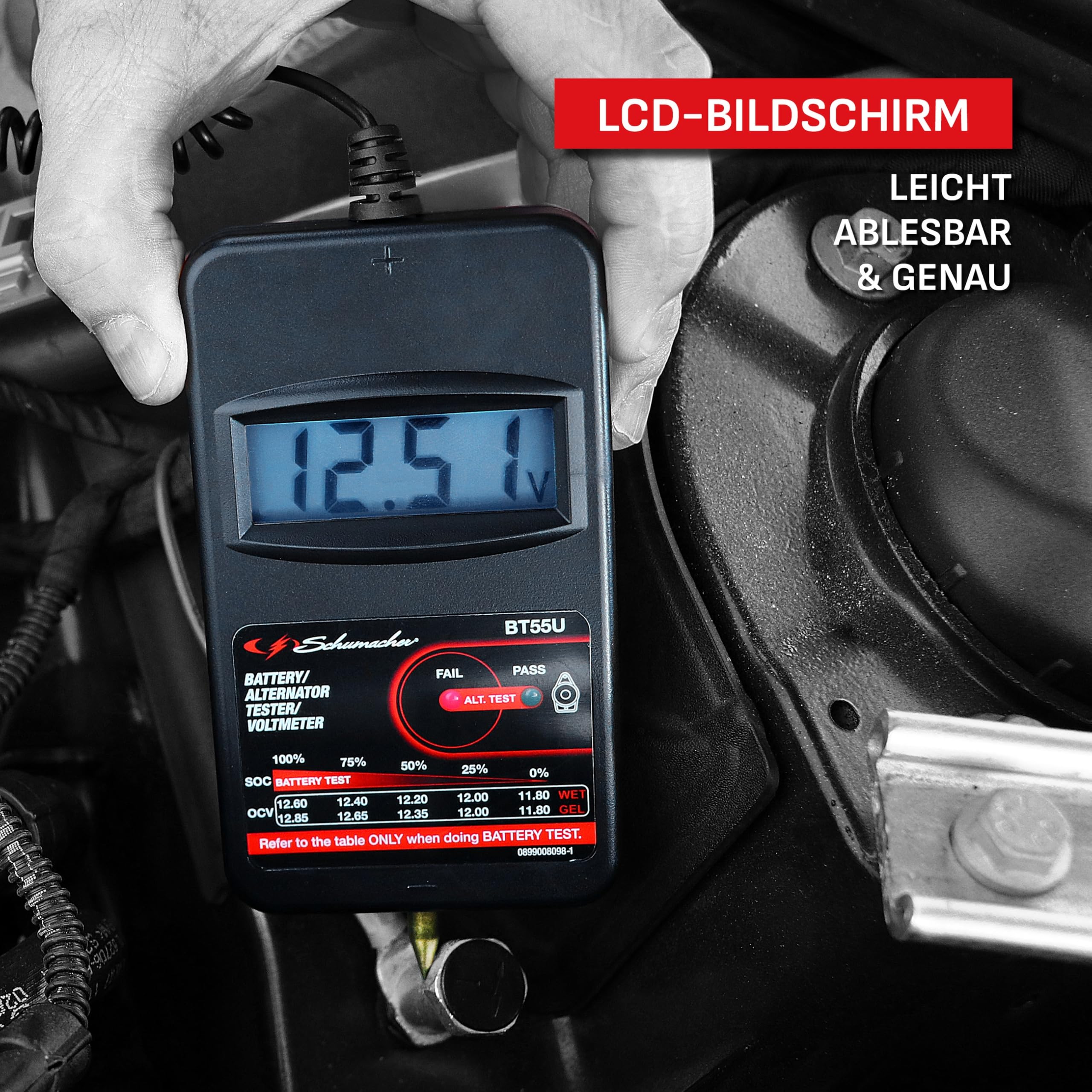 Schumacher Auto Batterietester Compact BT55 - Überprüfung der Lichtmaschinenspannung im Auto - Kompatibel mit 6V/12V/24V Batterien Typ SLI, VRLA, AGM, Gel und 12V Lichtmaschinen - LCD Display | Überprüfung der Lichtmaschinenspannung, Kompatibel mit 6V/12V