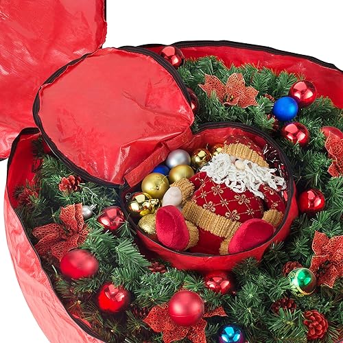 Miniatura 3 de Elf Stor Bolsa redonda de 36 pulgadas con compartimento interior para adornos, protege las guirnaldas artificiales de vacaciones y Navidad (rojo)