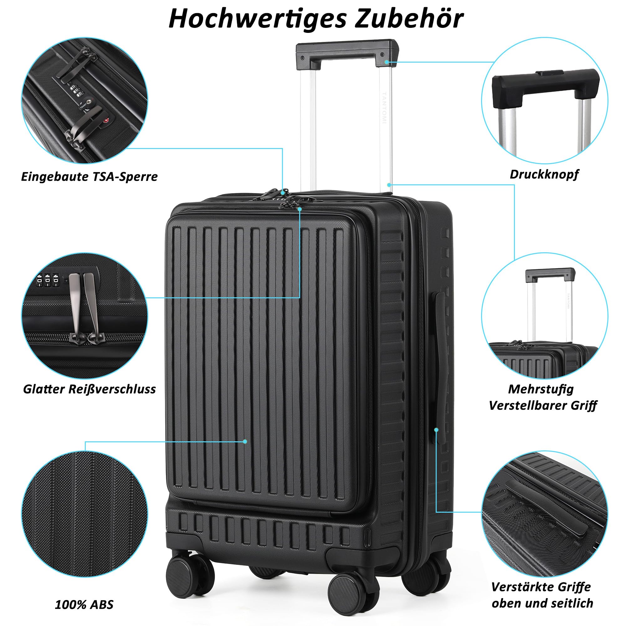 TANTOMI Handgepäck Koffer mit Laptopfach, 20 Zoll Hartschalenkoffer, Leichter ABS-Rollkoffer, Reisekoffer mit 4×360°-Rollen, TSA-Schloss (Schwarz, 41L)