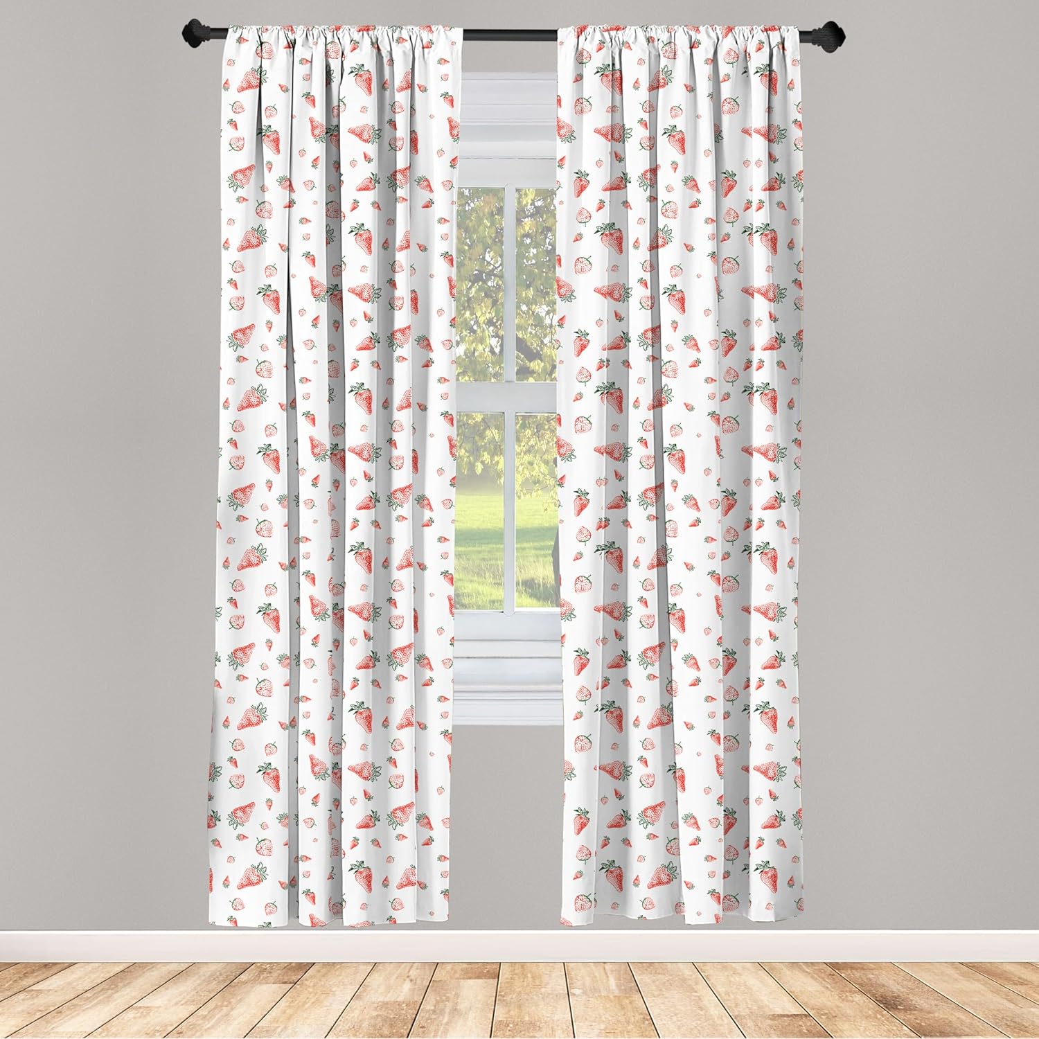 Ambesonne Strawberry Window Curtains, Grunge Pattern with Minimal Fruits Summer Garden Eats Repetition, Lightweight Decor 2-Panel Set with Rod Pocket, Pair of - 28" x 84", Vermilion White and Green