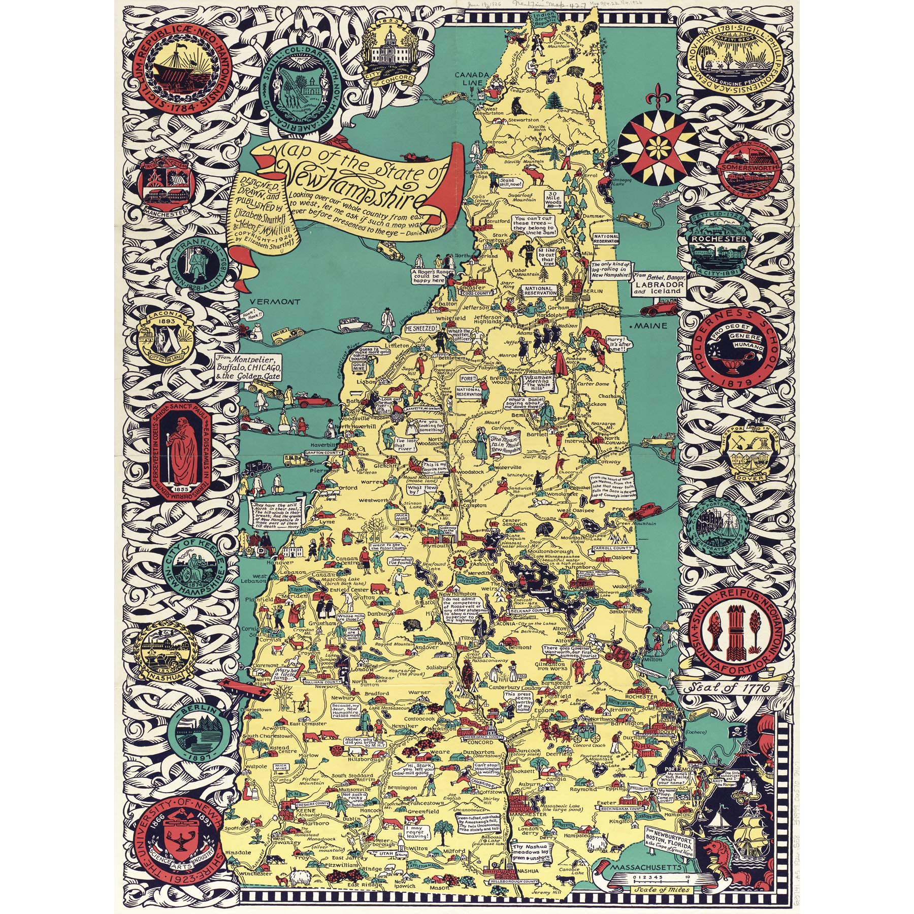 Shurtleff 1926 Pictorial Map New Hampshire State Large Wall Art Poster Print Thick Paper 18X24 Inch