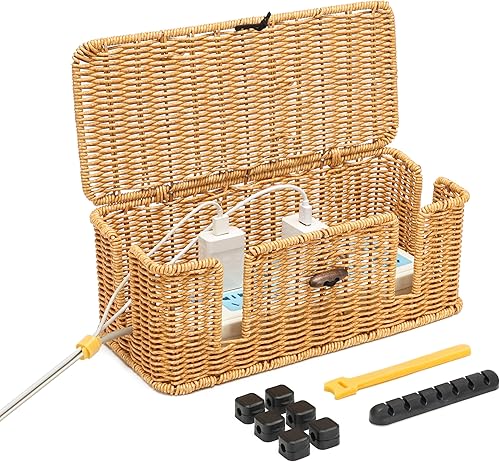 Caja organizadora de cables de ratán sintético tejido a mano con tapa, con 4 ranuras abiertas, caja organizadora de cables, cesta de almacenamiento