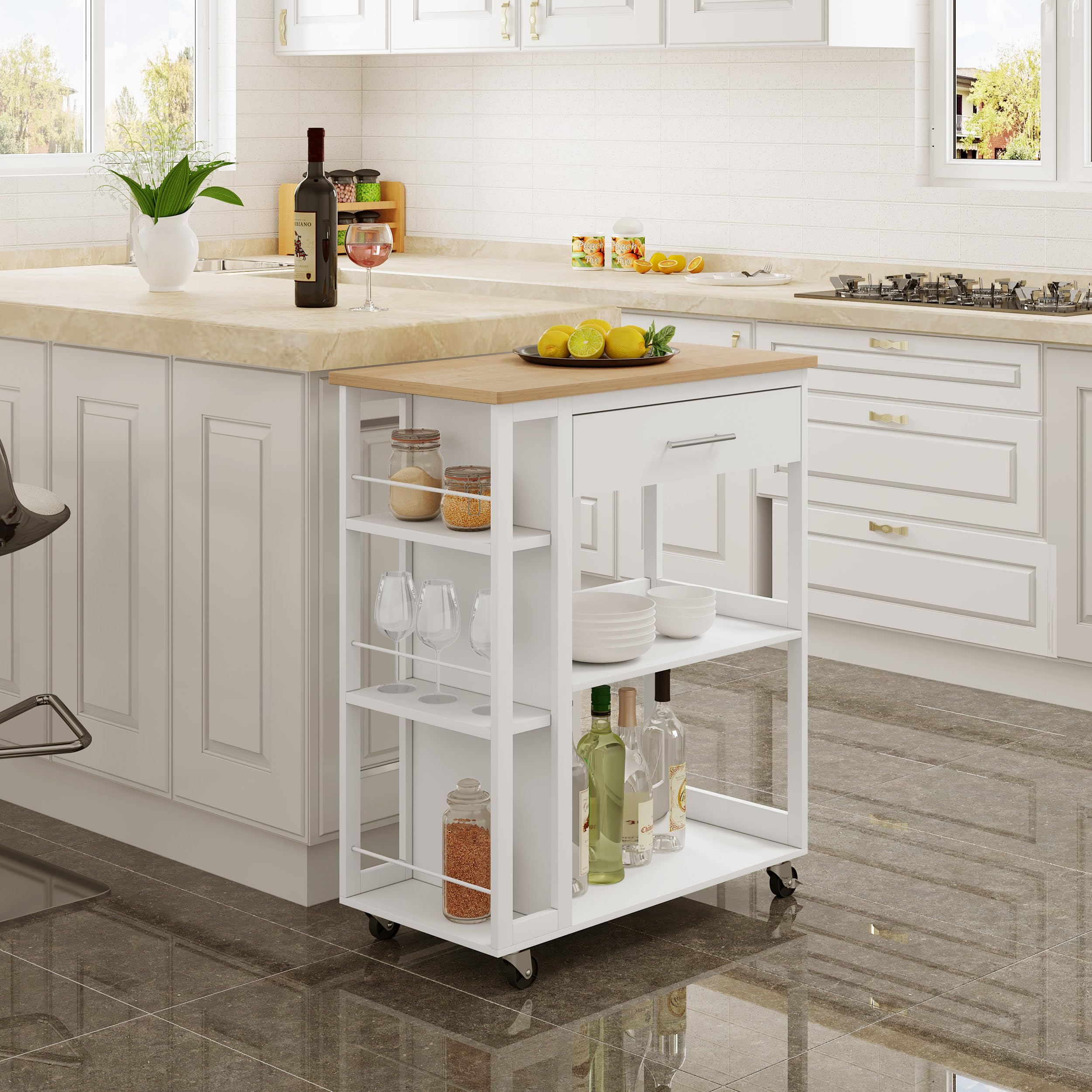 WOLTU Carrito Cocina de 3 Estantes y 1 Cajon Grande, Carro Camarera con Ruedas, Estanteria de Almacenamiento Estilo Moderno, para Cocina, Salón y Comedor, 73x38x88 cm, Color Bambú + Blanco, RW051eiw