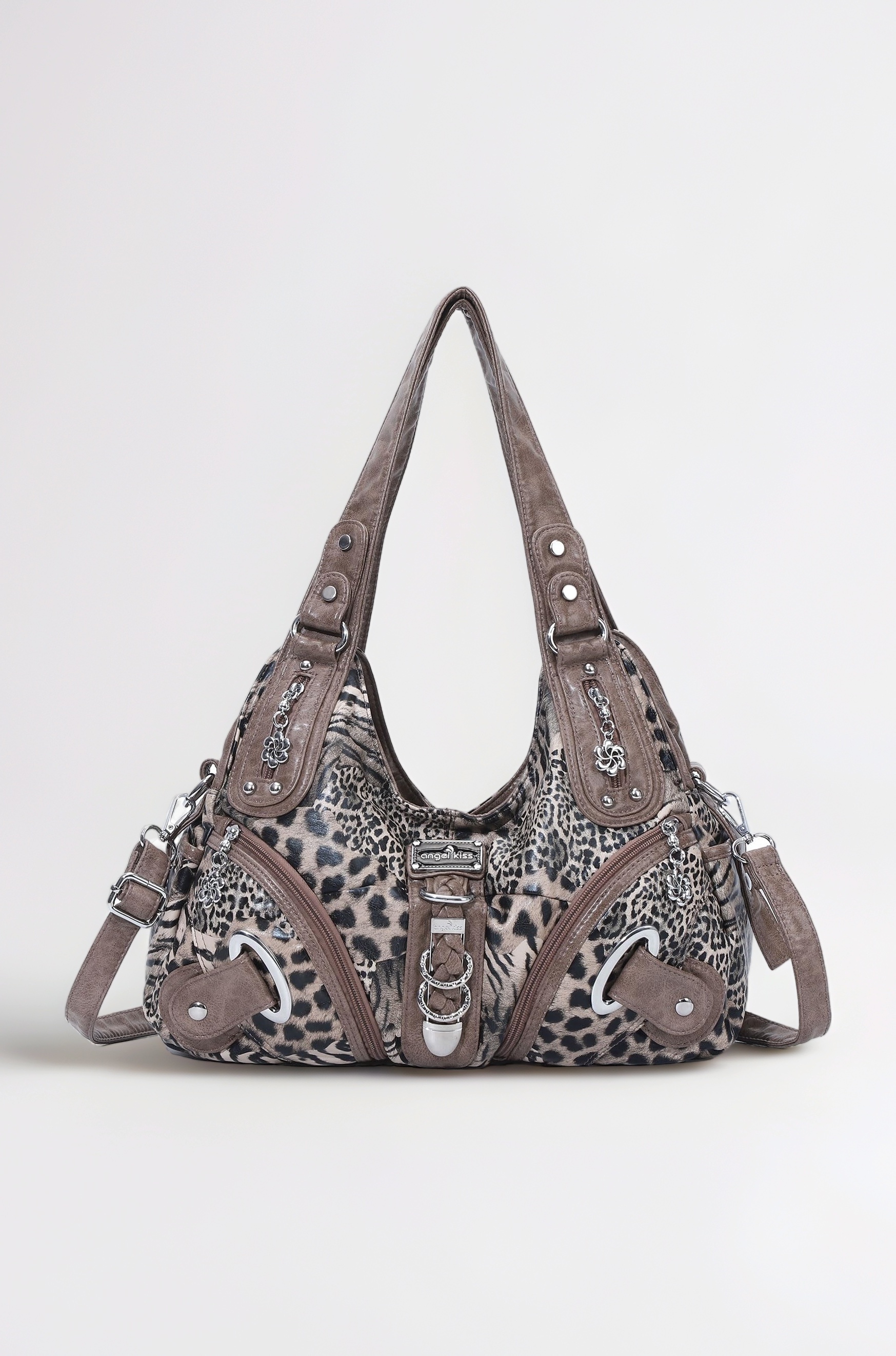 Angelkiss Purses and Handbags for Women Two Top Zippers Closure Multiple Pockets Washed Leather Shoulder Bags