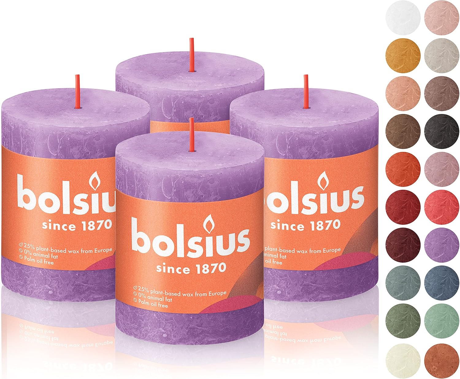 BOLSIUS 4 Pack Vibrant Violet (Purple) Rustic Pillar Candles - 2.75 X 3.25 inches - Premium European Quality - Includes Natural Plant-Based Wax - Unscented Dripless Smokeless 35 Hour Party Candles