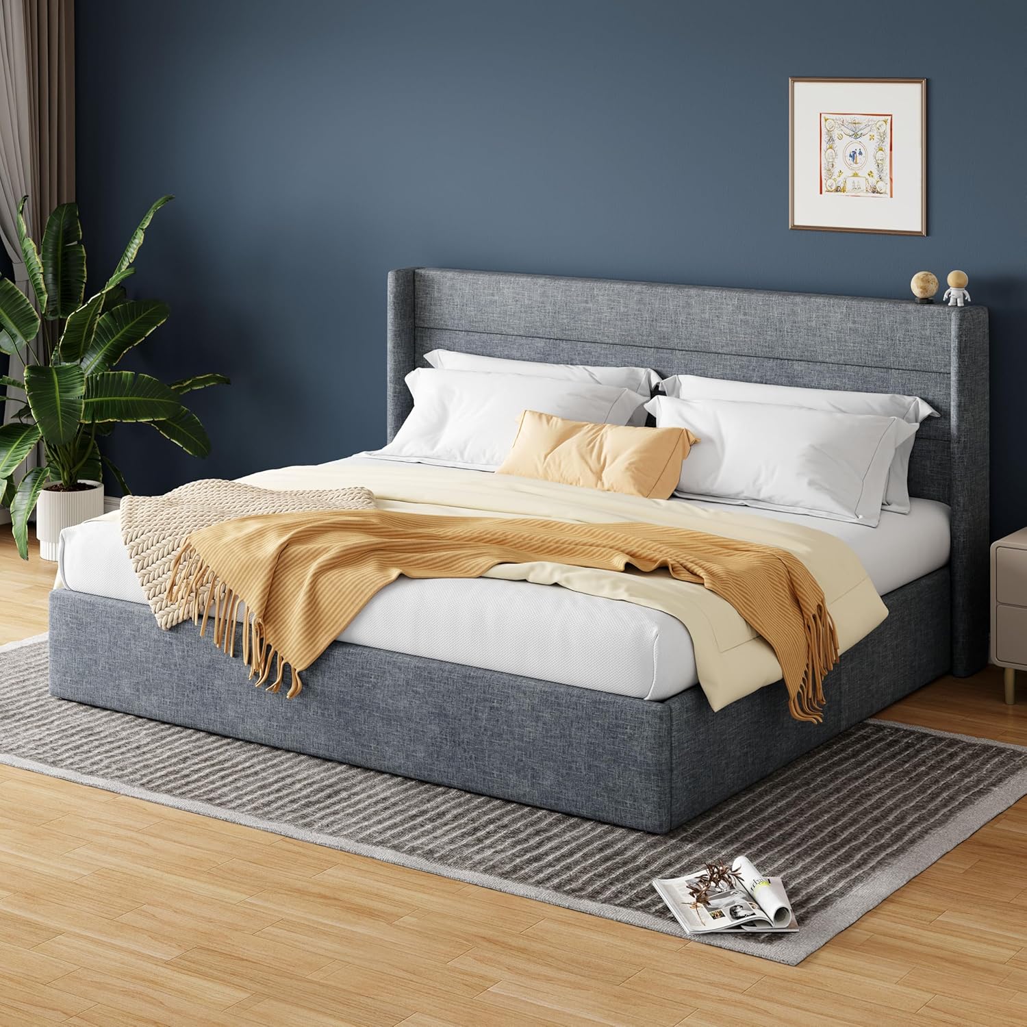 HOOMIC King Size Lift Up Storage Platform Bed Frame with Wingback Headboard/Heavy Duty Hydraulic Bed/Large Underneath Storage/Wooden Slats Support/Noise Free/Grey Blue