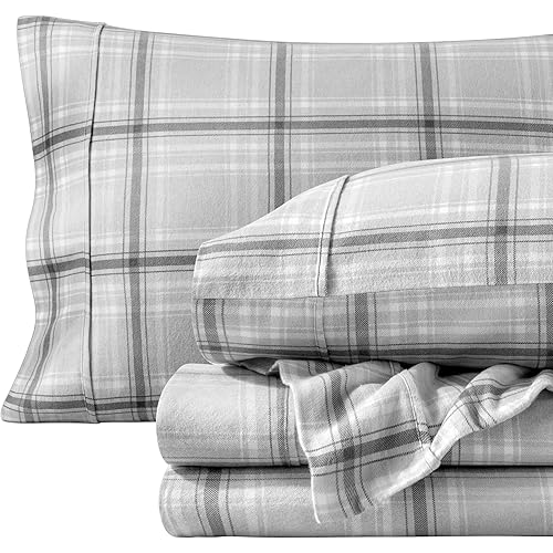 Bare Home Flannel Sheet Set Prints, 100% Cotton, Velvety Soft Heavyweight - Double Brushed Flannel for Extra Softness & Comfort - Deep Pocket - Bed Sheets (Queen, Tartan Plaid)