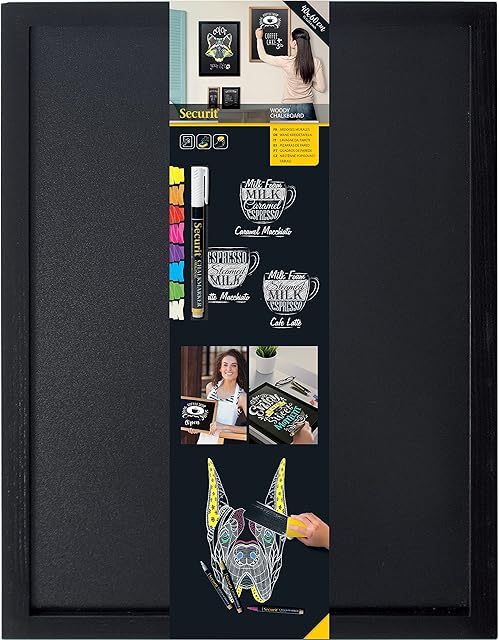 Securit Woody Black Zestaw tablicowy ze markerami tablicowymi, 40 x 60 cm, wisząca tablica, tablica do notatek, zmywalna tablica z długopisem kredowym, do biura, kuchni lub na wesela