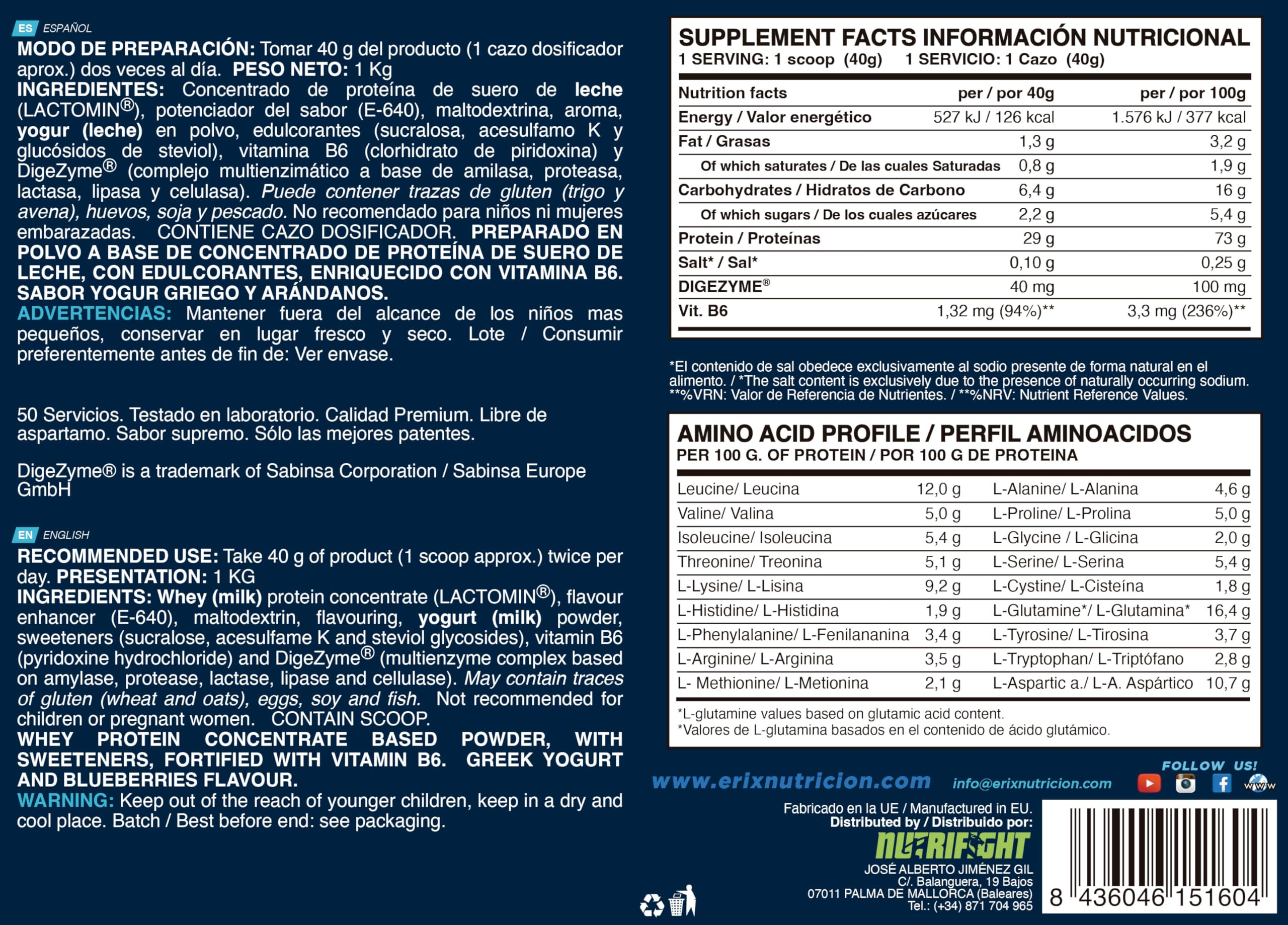 ERIX Nutrición Pack Whey Plus Ultimate 2Kg, Sabor Yogur Griego con Arándanos+ Creatina Monohidrato Neutra 500g+ Shaker Azul, Proteína Concentrada de Suero Leche, Aumento Fuerza, Recuperación Muscular